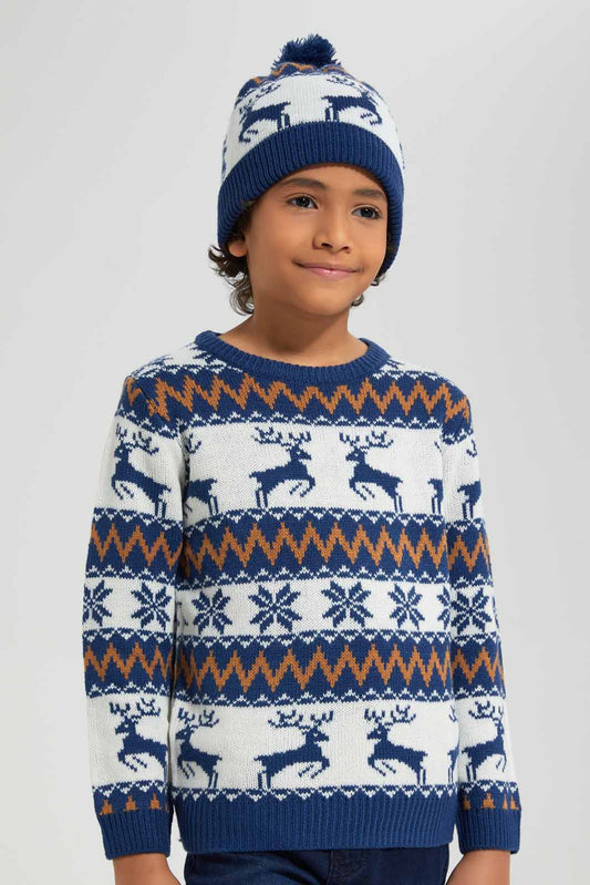Redtag-Navy-Fairisle-jaquard-Hat-Set-BOY-Pullovers,-Category:Pullovers,-Colour:Navy,-Deals:New-In,-EHW,-Filter:Boys-(2-to-8-Yrs),-New-In-BOY-APL,-Non-Sale,-Section:Boys-(0-to-14Yrs),-W22B-Boys-2 to 8 Years