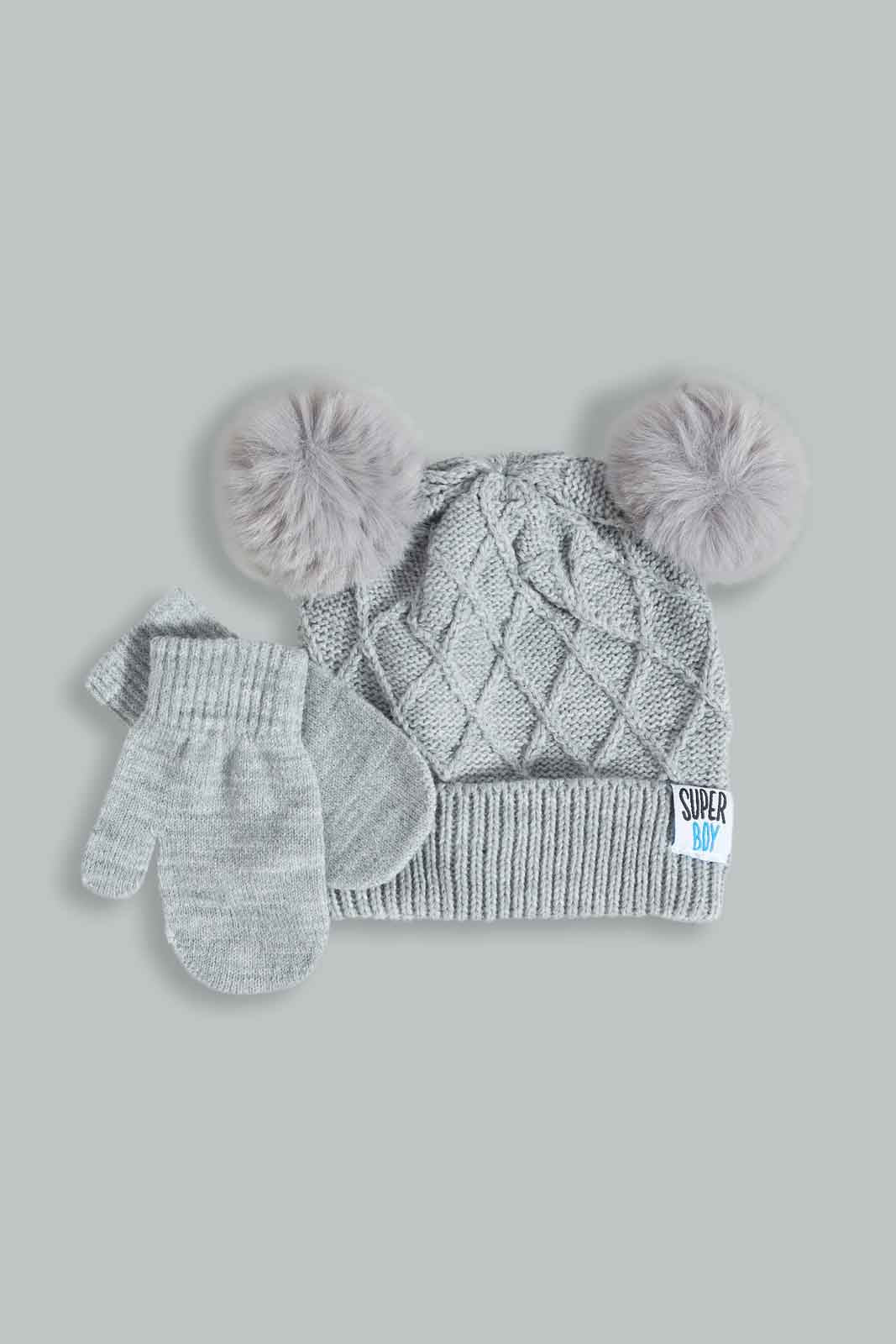 Redtag-Grey-Knitted-Cap-Set-Of-2-With-Gloves-BOY-Knitted-Accessories,-Category:Knitted-Accessories,-Colour:Grey,-Dept:Boys,-Filter:Boys-Accessories,-New-In,-New-In-BOY-ACC,-Non-Sale,-Section:Boys-(0-to-14Yrs),-W22B-Boys-