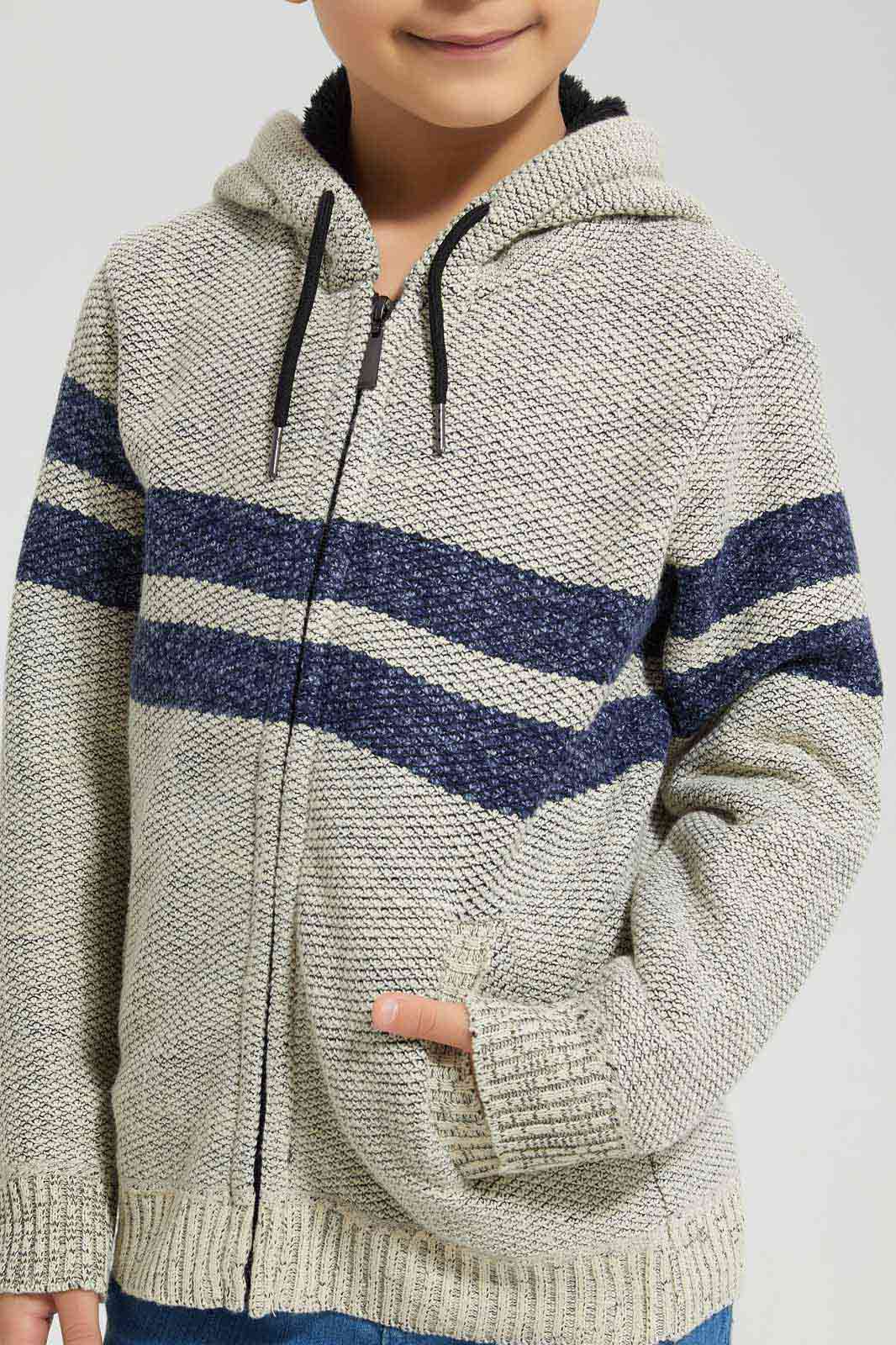 Redtag-Beige-Stripe-Hooded-Fur-Linned-Zip-Through-Cardigan-BOY-Cardigans,-Category:Cardigans,-Colour:Beige,-Deals:New-In,-EHW,-Filter:Boys-(2-to-8-Yrs),-New-In-BOY-APL,-Non-Sale,-Section:Boys-(0-to-14Yrs),-W22B-Boys-2 to 8 Years
