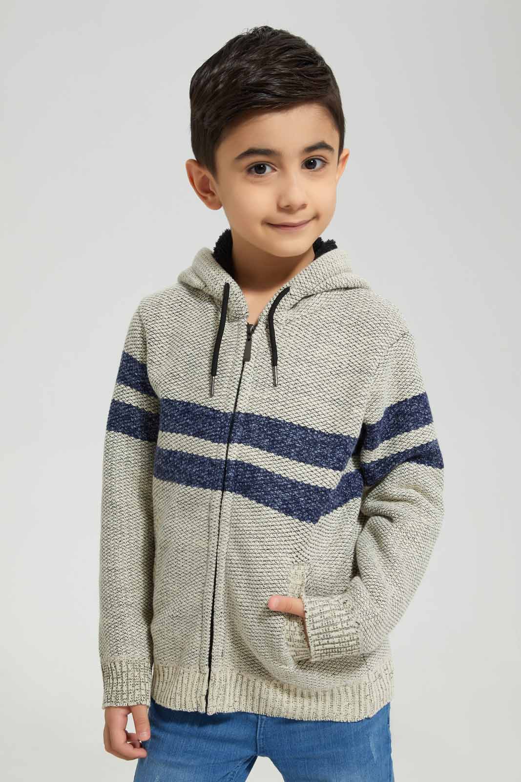 Redtag-Beige-Stripe-Hooded-Fur-Linned-Zip-Through-Cardigan-BOY-Cardigans,-Category:Cardigans,-Colour:Beige,-Deals:New-In,-EHW,-Filter:Boys-(2-to-8-Yrs),-New-In-BOY-APL,-Non-Sale,-Section:Boys-(0-to-14Yrs),-W22B-Boys-2 to 8 Years