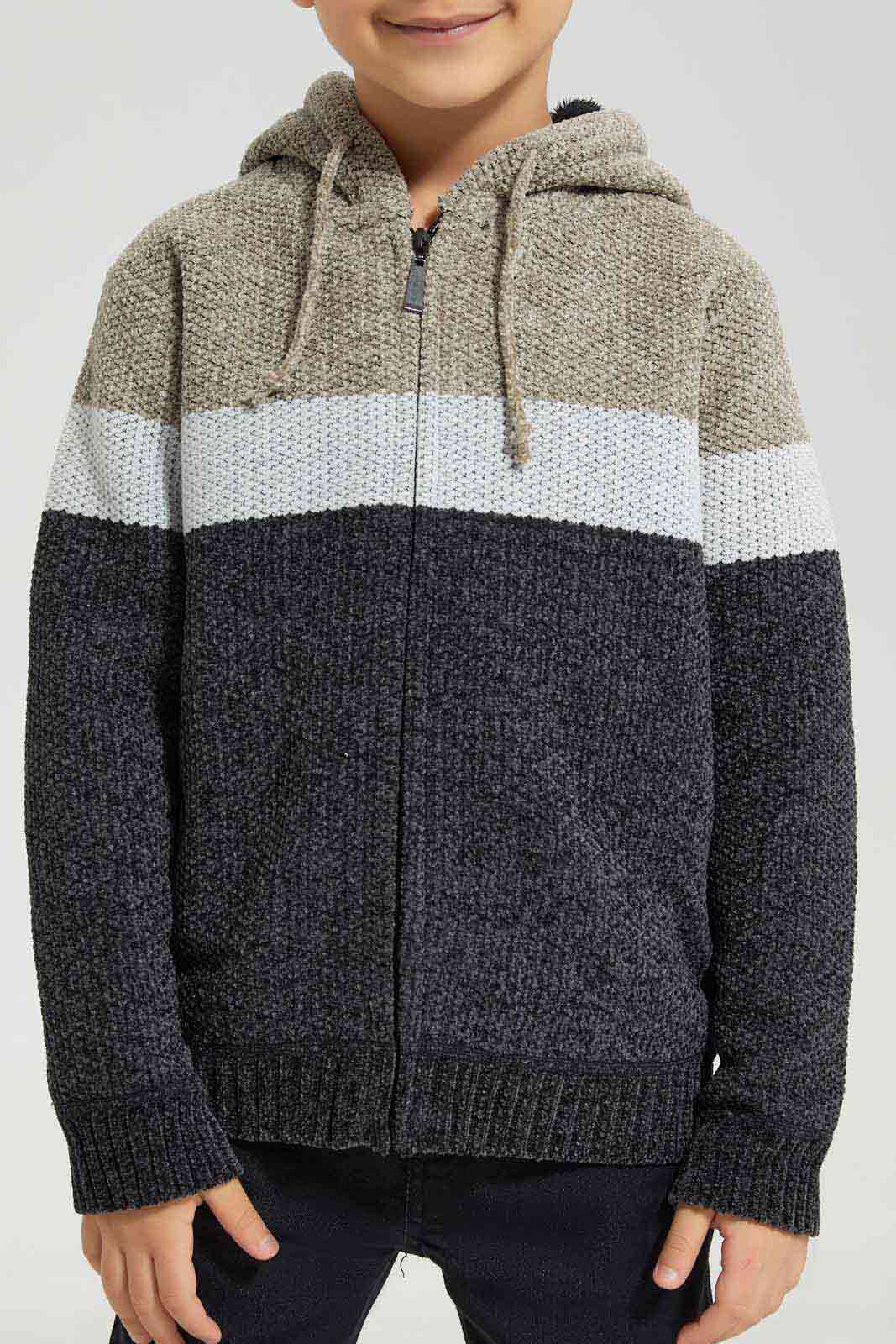 Redtag-Beige-Chenile-Stripe-Zip-Through-Cardigan-BOY-Cardigans,-Category:Cardigans,-Colour:Beige,-Deals:New-In,-EHW,-Filter:Boys-(2-to-8-Yrs),-New-In-BOY-APL,-Non-Sale,-Section:Boys-(0-to-14Yrs),-W22B-Boys-2 to 8 Years