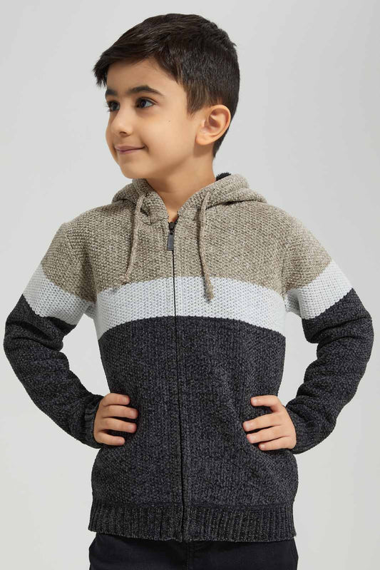 Redtag-Beige-Chenile-Stripe-Zip-Through-Cardigan-BOY-Cardigans,-Category:Cardigans,-Colour:Beige,-Deals:New-In,-EHW,-Filter:Boys-(2-to-8-Yrs),-New-In-BOY-APL,-Non-Sale,-Section:Boys-(0-to-14Yrs),-W22B-Boys-2 to 8 Years