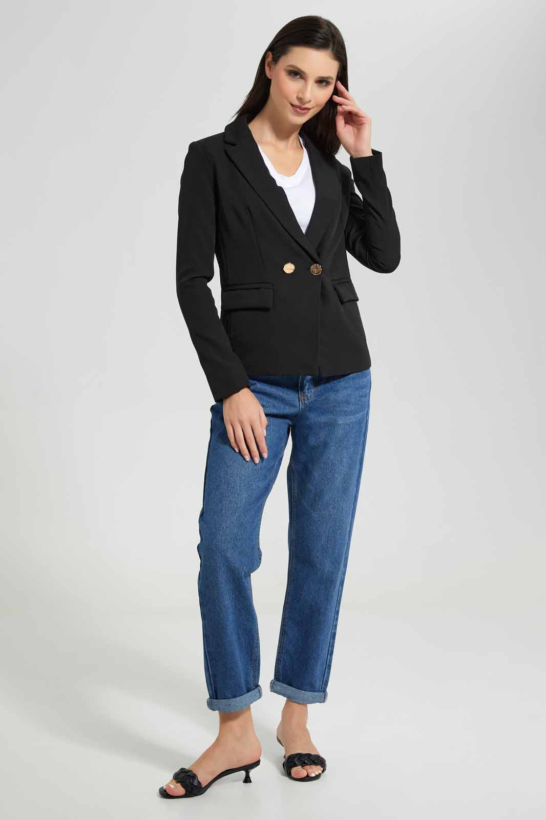Redtag-Black-Gold-Button-Tailored-Blazer-Category:Jackets,-Colour:Black,-Deals:New-In,-Filter:Women's-Clothing,-New-In-Women-APL,-Non-Sale,-Section:Women,-W22O,-Women-Jackets-Women's-