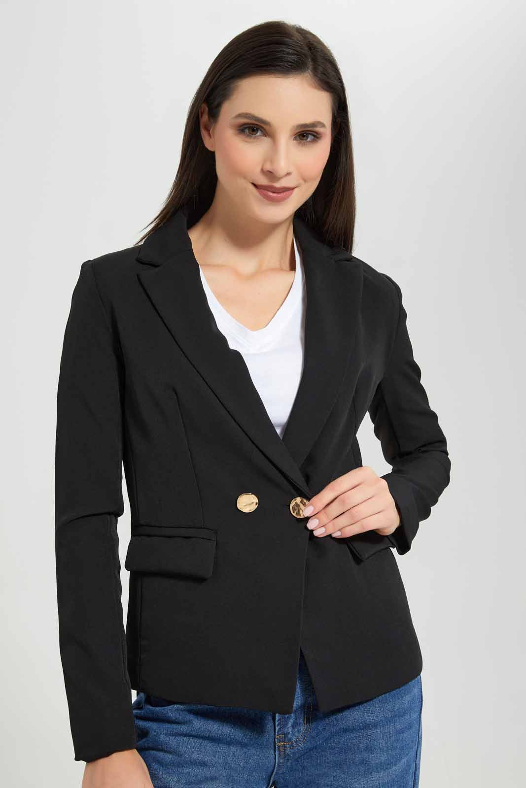 Redtag-Black-Gold-Button-Tailored-Blazer-Category:Jackets,-Colour:Black,-Deals:New-In,-Filter:Women's-Clothing,-New-In-Women-APL,-Non-Sale,-Section:Women,-W22O,-Women-Jackets-Women's-