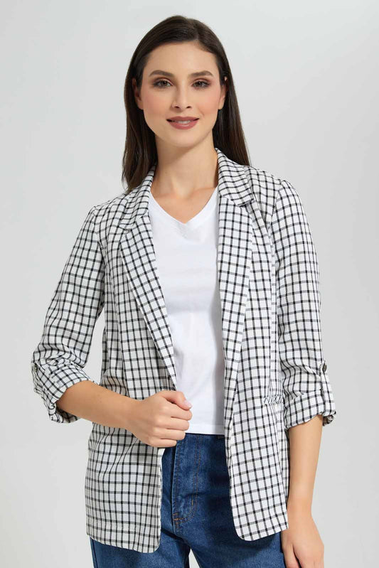 Redtag-White-Checked-Laple-Collar-Rollu-UP-Sleeve-Jacket-Category:Jackets,-Colour:Assorted,-Deals:New-In,-Filter:Women's-Clothing,-New-In-Women-APL,-Non-Sale,-Section:Women,-W22A,-Women-Jackets-Women's-