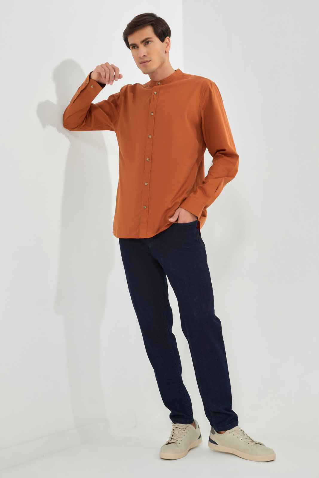 Redtag-Rust-Mandrain-Collar-Shirt-Category:Shirts,-Colour:Orange,-Deals:New-In,-Filter:Men's-Clothing,-Men-Shirts,-New-In-Men-APL,-Non-Sale,-Section:Men,-TBL,-W22A-Men's-