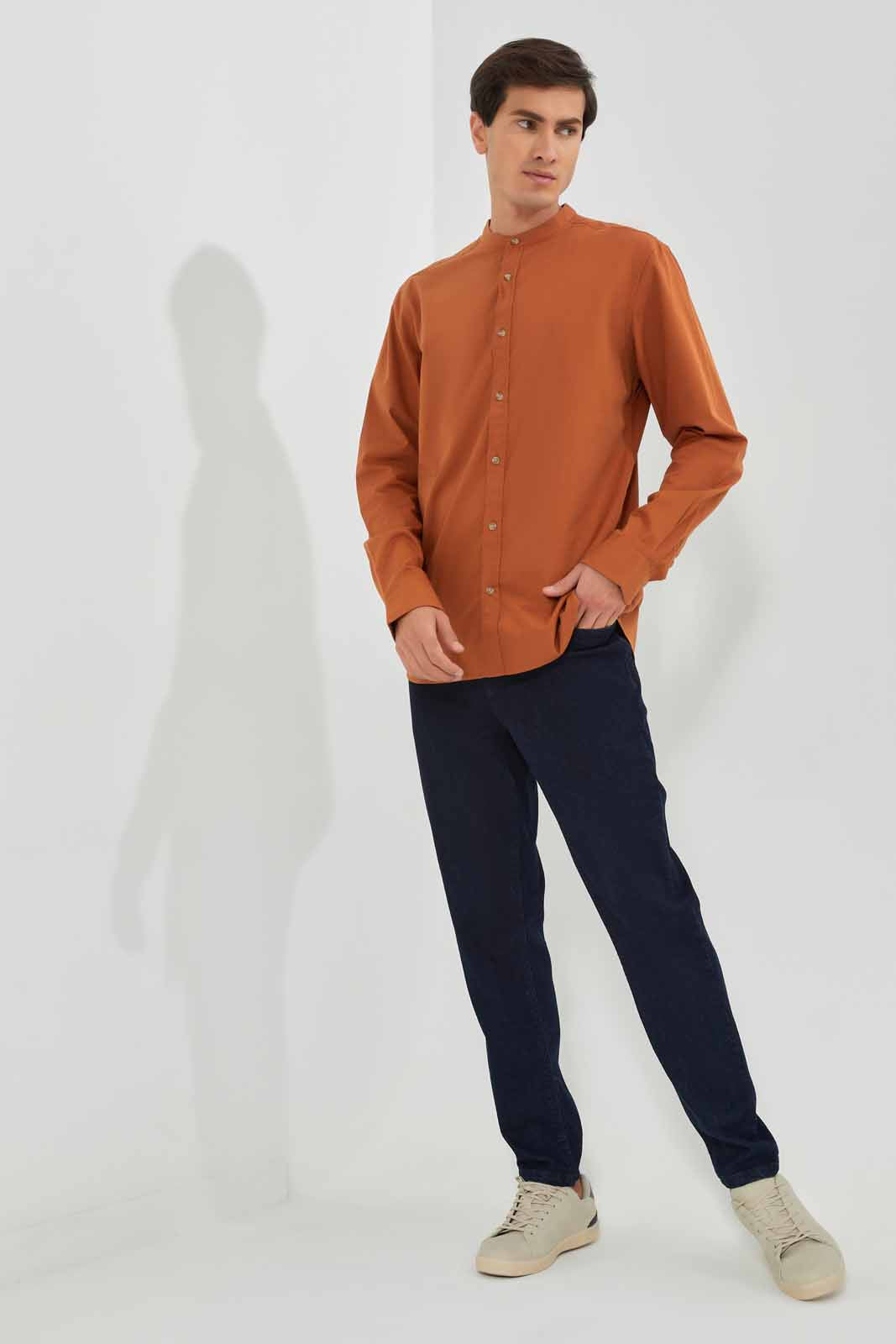 Redtag-Rust-Mandrain-Collar-Shirt-Category:Shirts,-Colour:Orange,-Deals:New-In,-Filter:Men's-Clothing,-Men-Shirts,-New-In-Men-APL,-Non-Sale,-Section:Men,-TBL,-W22A-Men's-