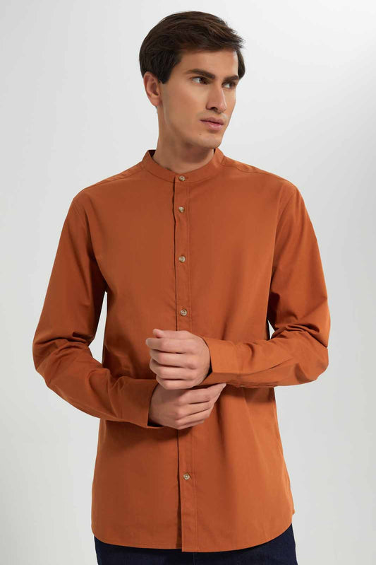 Redtag-Rust-Mandrain-Collar-Shirt-Category:Shirts,-Colour:Orange,-Deals:New-In,-Filter:Men's-Clothing,-Men-Shirts,-New-In-Men-APL,-Non-Sale,-Section:Men,-TBL,-W22A-Men's-