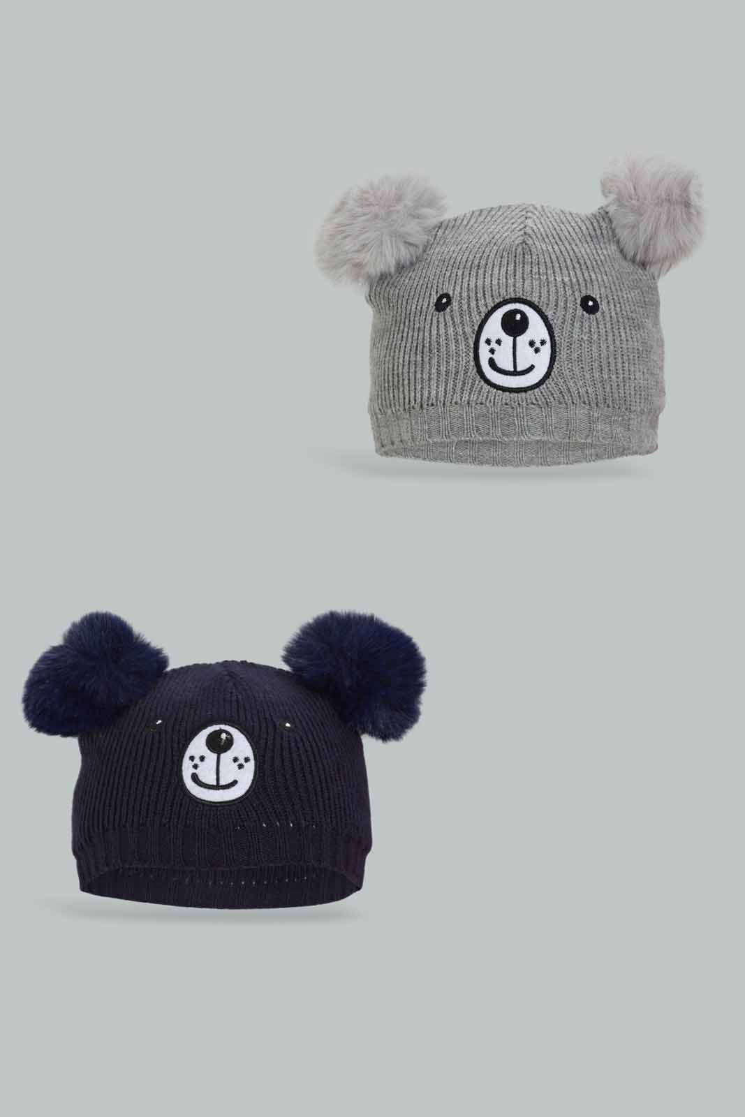 Redtag-Assorted-Grey-And-Navy-Blue-Charcater-Knitted-Cap-Set-Of-2-BOY-Knitted-Accessories,-Category:Knitted-Accessories,-Colour:Assorted,-Filter:Boys-Accessories,-New-In,-New-In-BOY-ACC,-Non-Sale,-Section:Boys-(0-to-14Yrs),-W22B-Boys-