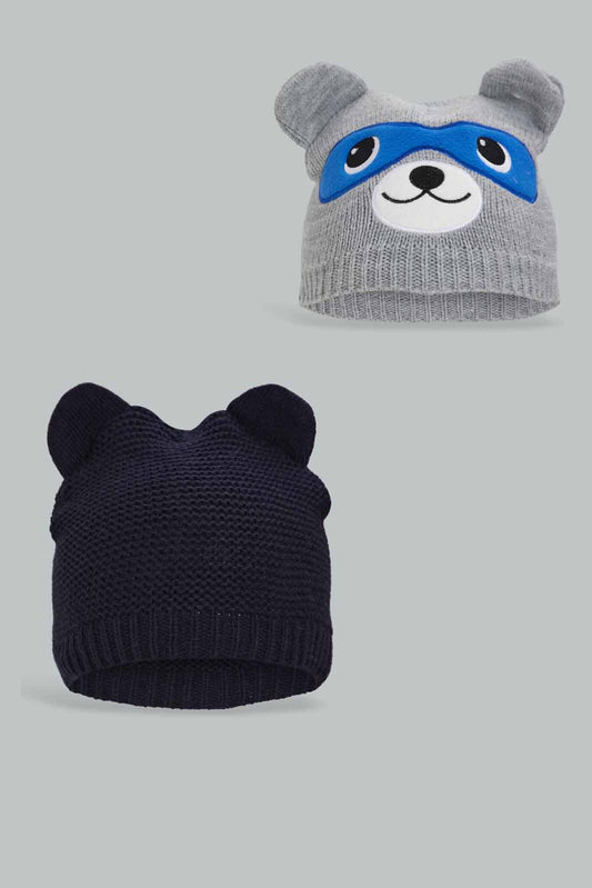 Redtag-Assorted-Grey-And-Navy-Blue-Charcater-Knitted-Cap-Set-Of-2-BOY-Knitted-Accessories,-Category:Knitted-Accessories,-Colour:Assorted,-Filter:Boys-Accessories,-New-In,-New-In-BOY-ACC,-Non-Sale,-Section:Boys-(0-to-14Yrs),-W22B-Boys-