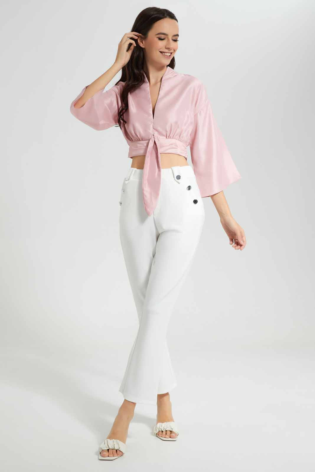Redtag-Pink-Satin-Wrap-Front-Collared-Blouse-Category:Blouses,-Colour:Apricot,-Deals:New-In,-Filter:Women's-Clothing,-New-In-Women-APL,-Non-Sale,-Section:Women,-W22O,-Women-Blouses-Women's-