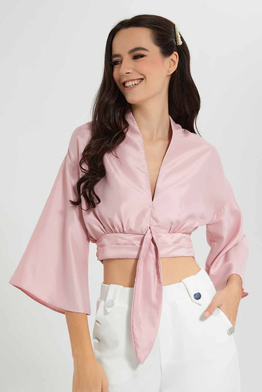 Redtag-Pink-Satin-Wrap-Front-Collared-Blouse-Category:Blouses,-Colour:Apricot,-Deals:New-In,-Filter:Women's-Clothing,-New-In-Women-APL,-Non-Sale,-Section:Women,-W22O,-Women-Blouses-Women's-