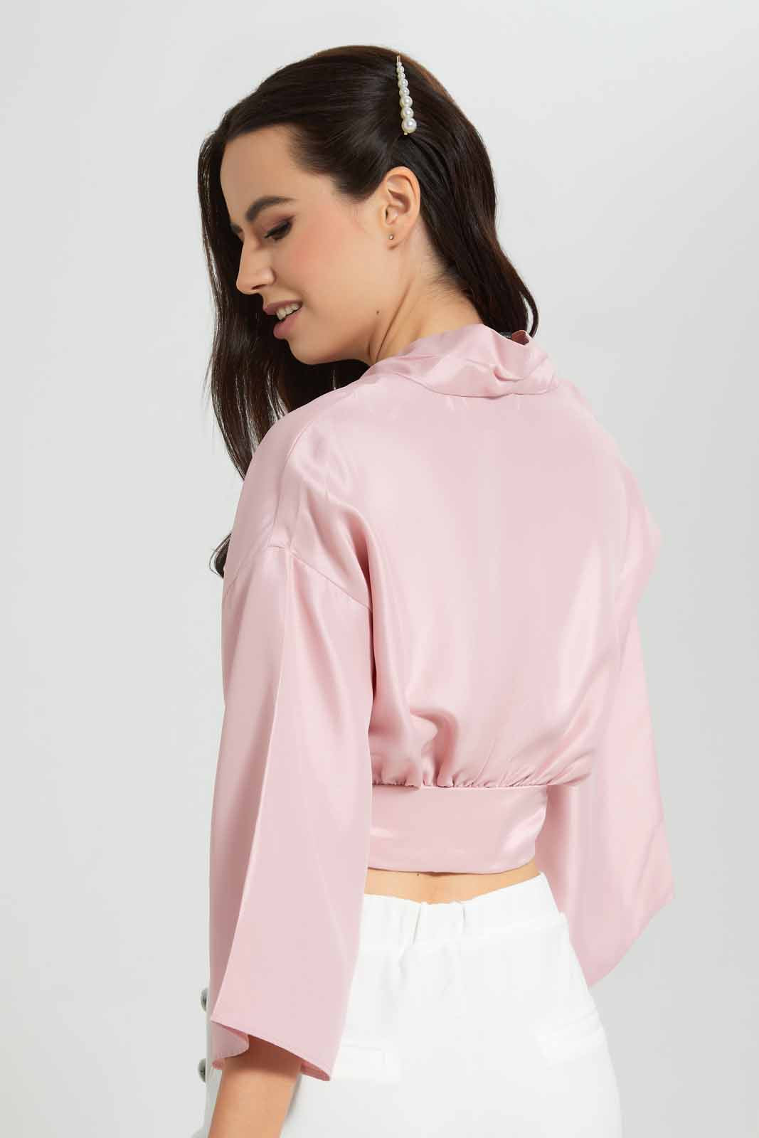 Redtag-Pink-Satin-Wrap-Front-Collared-Blouse-Category:Blouses,-Colour:Apricot,-Deals:New-In,-Filter:Women's-Clothing,-New-In-Women-APL,-Non-Sale,-Section:Women,-W22O,-Women-Blouses-Women's-