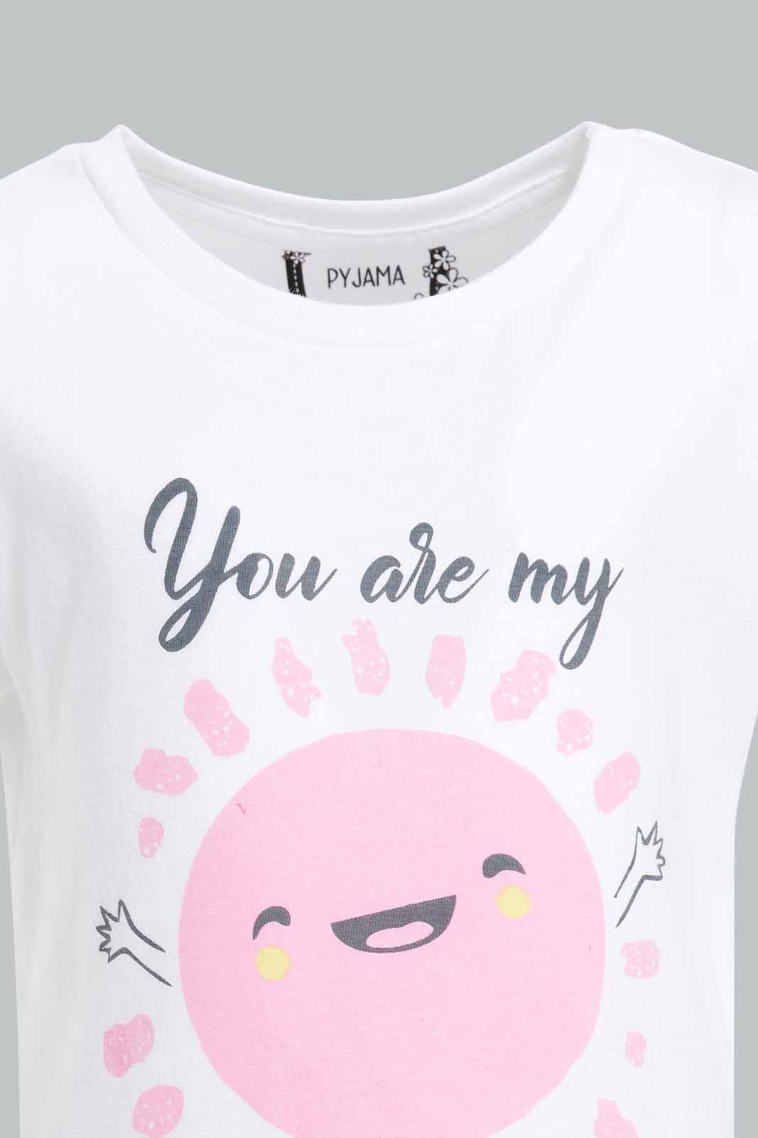 Redtag-White-Placement-Print-Top-with-Pink-Solid-Pyjama-Set-Category:Pyjama-Sets,-Colour:Apricot,-Deals:New-In,-Filter:Infant-Girls-(3-to-24-Mths),-ING-Pyjama-Sets,-New-In-ING-APL,-Non-Sale,-Section:Girls-(0-to-14Yrs),-W22O-Infant-Girls-3 to 24 Months