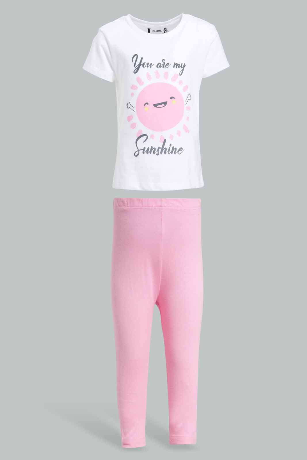 Redtag-White-Placement-Print-Top-with-Pink-Solid-Pyjama-Set-Category:Pyjama-Sets,-Colour:Apricot,-Deals:New-In,-Filter:Infant-Girls-(3-to-24-Mths),-ING-Pyjama-Sets,-New-In-ING-APL,-Non-Sale,-Section:Girls-(0-to-14Yrs),-W22O-Infant-Girls-3 to 24 Months