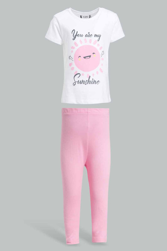 Redtag-White-Placement-Print-Top-with-Pink-Solid-Pyjama-Set-Category:Pyjama-Sets,-Colour:Apricot,-Deals:New-In,-Filter:Infant-Girls-(3-to-24-Mths),-ING-Pyjama-Sets,-New-In-ING-APL,-Non-Sale,-Section:Girls-(0-to-14Yrs),-W22O-Infant-Girls-3 to 24 Months