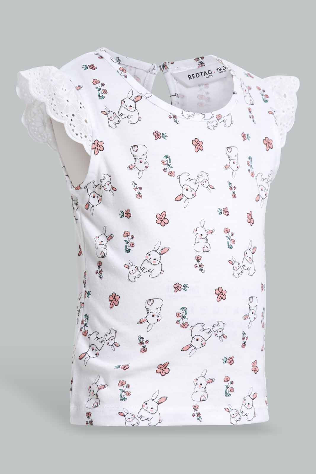 Redtag-White-Bunny-Schiffli-Frill-Sleeve-T-Shirt-With-Polka-Dot-Leggings-Category:Sets,-Colour:White,-Deals:New-In,-Filter:Infant-Girls-(3-to-24-Mths),-ING-Sets,-New-In-ING-APL,-Non-Sale,-Section:Girls-(0-to-14Yrs),-VLM,-W22O-Infant-Girls-3 to 24 Months