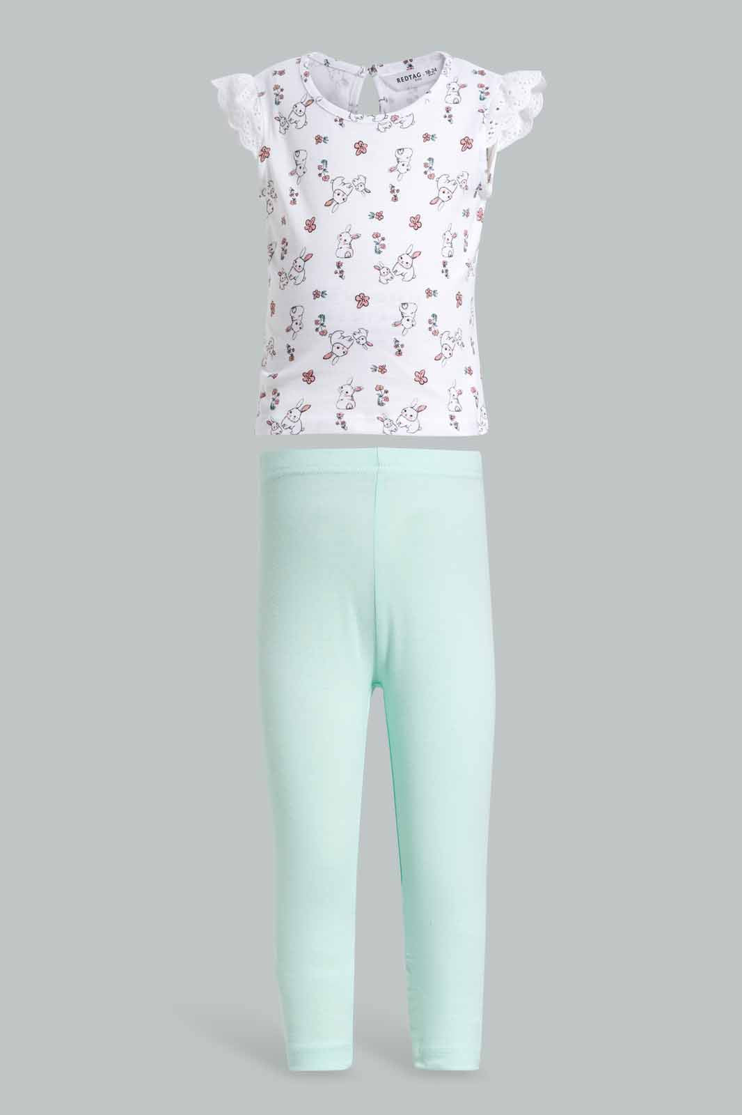 Redtag-White-Bunny-Schiffli-Frill-Sleeve-T-Shirt-With-Polka-Dot-Leggings-Category:Sets,-Colour:White,-Deals:New-In,-Filter:Infant-Girls-(3-to-24-Mths),-ING-Sets,-New-In-ING-APL,-Non-Sale,-Section:Girls-(0-to-14Yrs),-VLM,-W22O-Infant-Girls-3 to 24 Months