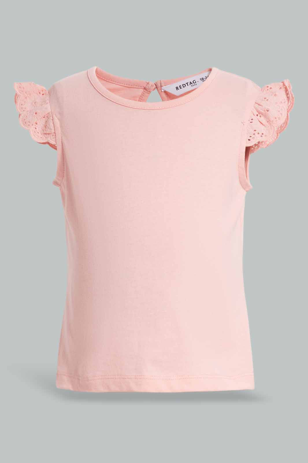 Redtag-Pink-Solid-Schiffli-Frill-Sleeves-T-Shirt-With-Floral-AOP-Shorts-Category:Sets,-Colour:Apricot,-Deals:New-In,-Filter:Infant-Girls-(3-to-24-Mths),-ING-Sets,-New-In-ING-APL,-Non-Sale,-Section:Girls-(0-to-14Yrs),-VLM,-W22O-Infant-Girls-3 to 24 Months