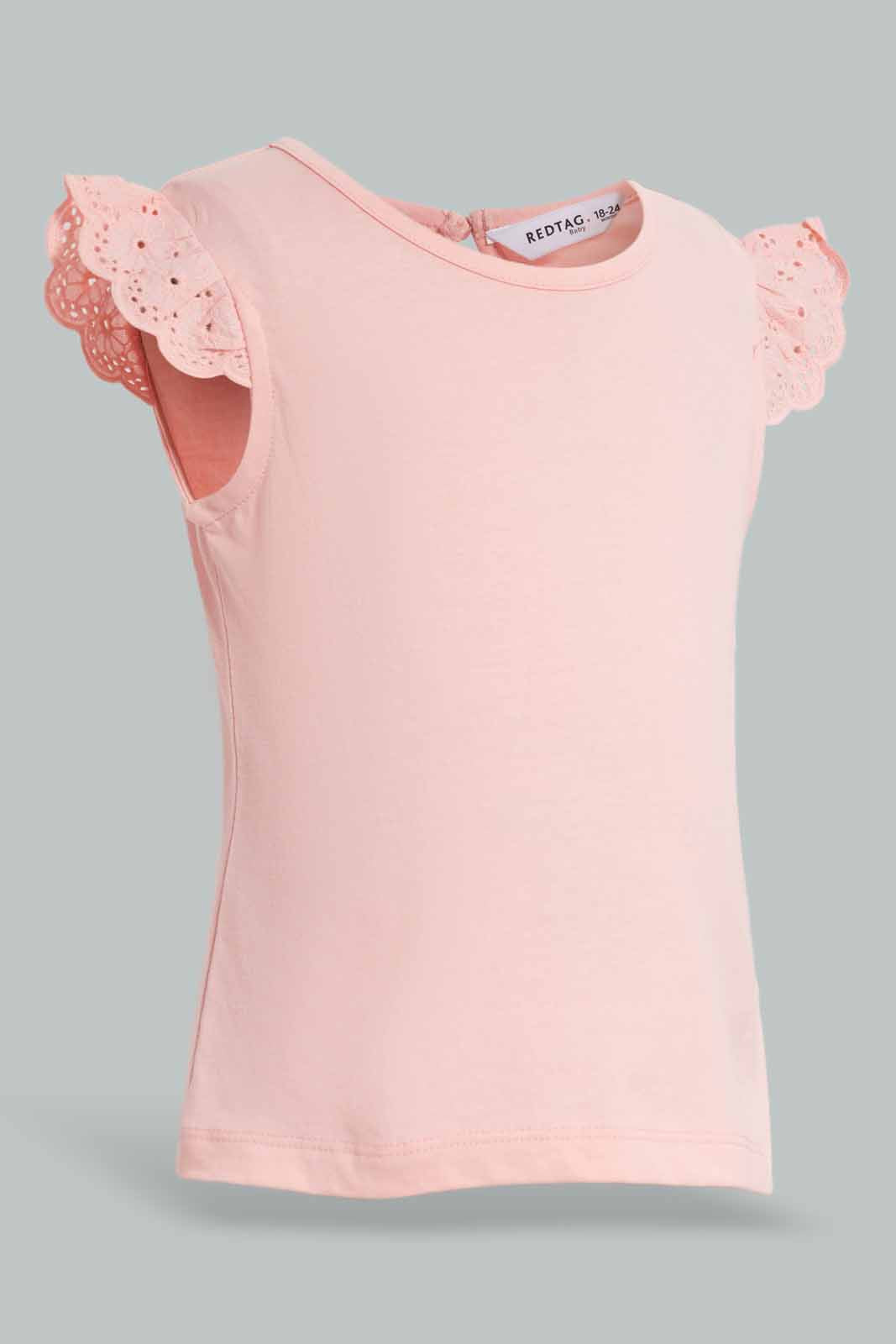 Redtag-Pink-Solid-Schiffli-Frill-Sleeves-T-Shirt-With-Floral-AOP-Shorts-Category:Sets,-Colour:Apricot,-Deals:New-In,-Filter:Infant-Girls-(3-to-24-Mths),-ING-Sets,-New-In-ING-APL,-Non-Sale,-Section:Girls-(0-to-14Yrs),-VLM,-W22O-Infant-Girls-3 to 24 Months