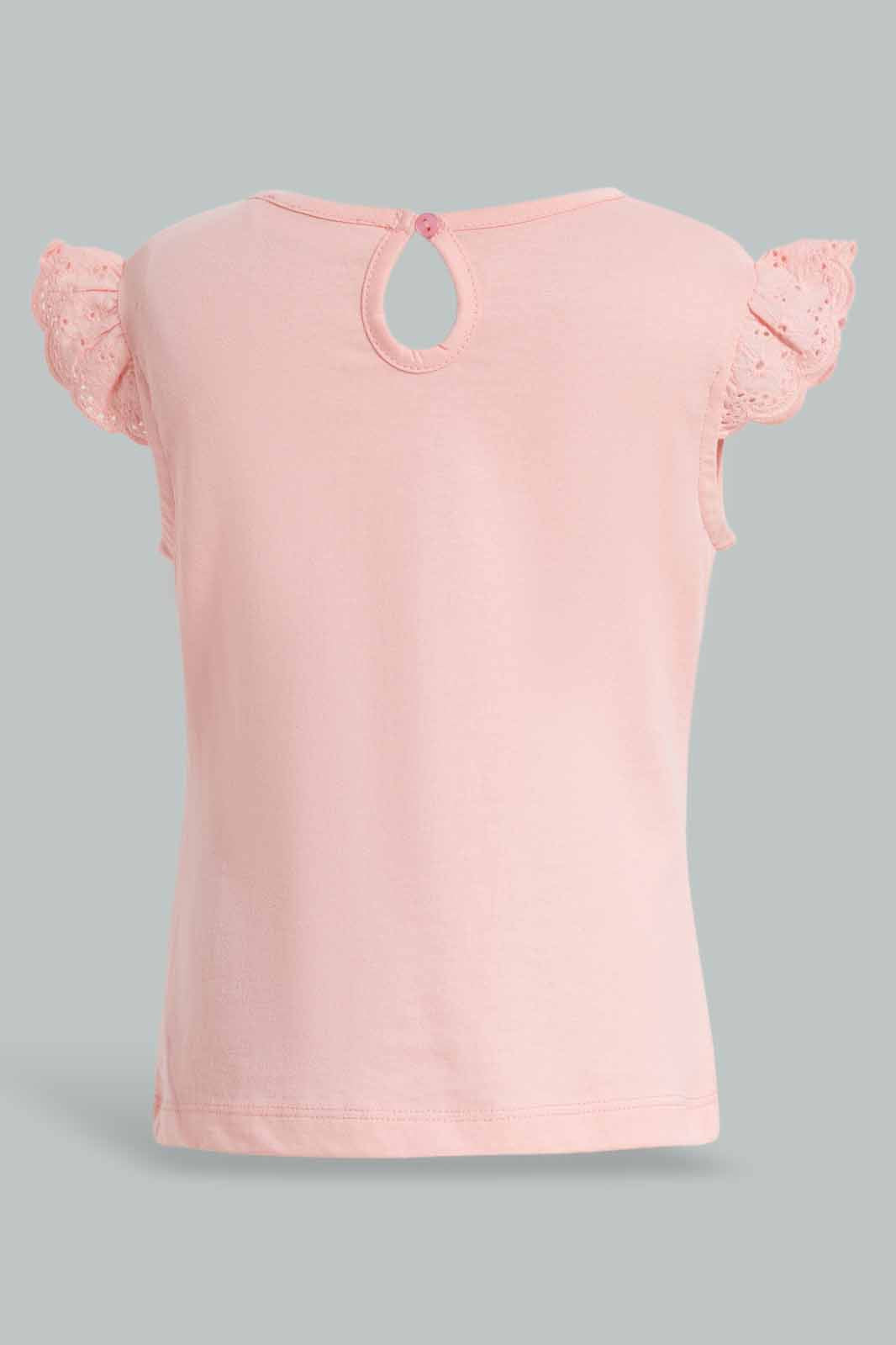 Redtag-Pink-Solid-Schiffli-Frill-Sleeves-T-Shirt-With-Floral-AOP-Shorts-Category:Sets,-Colour:Apricot,-Deals:New-In,-Filter:Infant-Girls-(3-to-24-Mths),-ING-Sets,-New-In-ING-APL,-Non-Sale,-Section:Girls-(0-to-14Yrs),-VLM,-W22O-Infant-Girls-3 to 24 Months