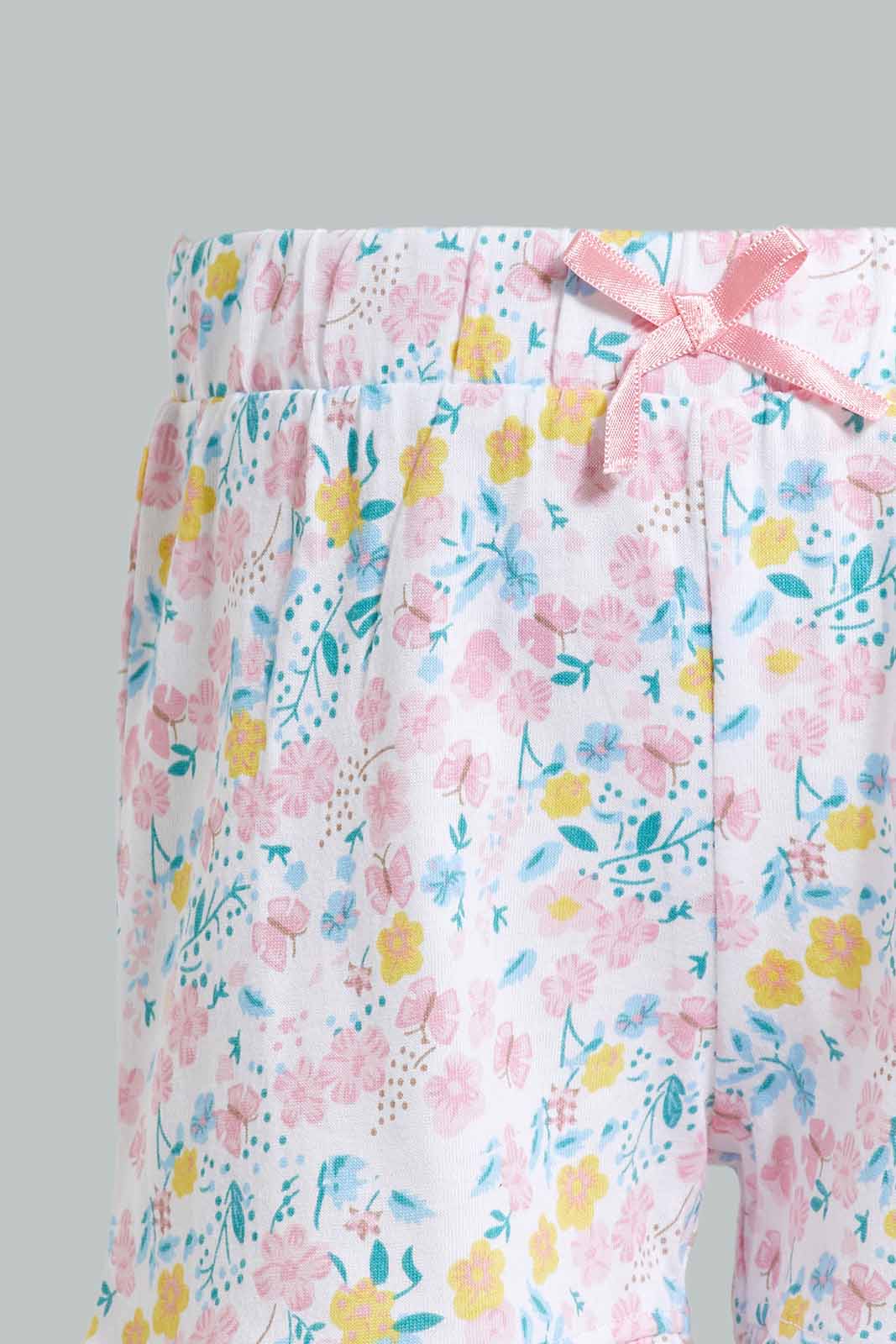Redtag-Pink-Solid-Schiffli-Frill-Sleeves-T-Shirt-With-Floral-AOP-Shorts-Category:Sets,-Colour:Apricot,-Deals:New-In,-Filter:Infant-Girls-(3-to-24-Mths),-ING-Sets,-New-In-ING-APL,-Non-Sale,-Section:Girls-(0-to-14Yrs),-VLM,-W22O-Infant-Girls-3 to 24 Months