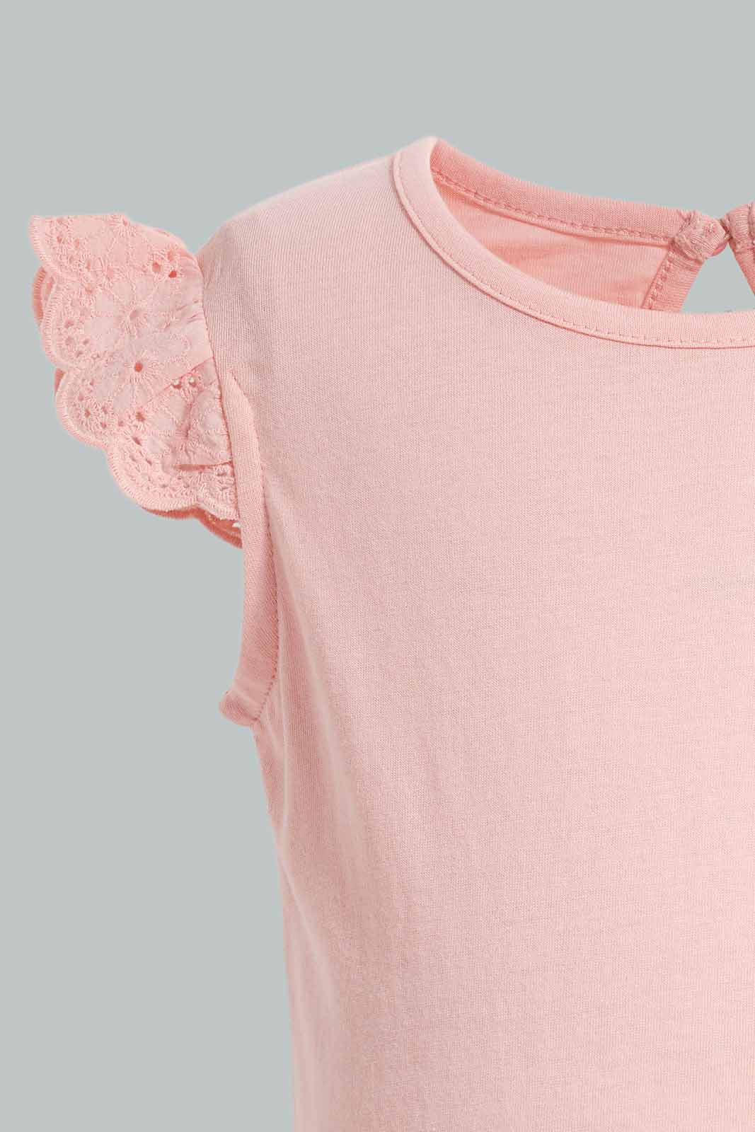 Redtag-Pink-Solid-Schiffli-Frill-Sleeves-T-Shirt-With-Floral-AOP-Shorts-Category:Sets,-Colour:Apricot,-Deals:New-In,-Filter:Infant-Girls-(3-to-24-Mths),-ING-Sets,-New-In-ING-APL,-Non-Sale,-Section:Girls-(0-to-14Yrs),-VLM,-W22O-Infant-Girls-3 to 24 Months