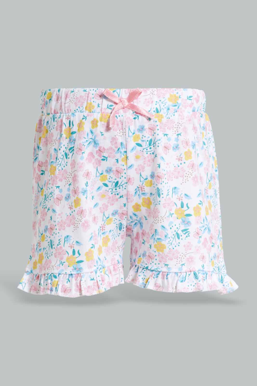 Redtag-Pink-Solid-Schiffli-Frill-Sleeves-T-Shirt-With-Floral-AOP-Shorts-Category:Sets,-Colour:Apricot,-Deals:New-In,-Filter:Infant-Girls-(3-to-24-Mths),-ING-Sets,-New-In-ING-APL,-Non-Sale,-Section:Girls-(0-to-14Yrs),-VLM,-W22O-Infant-Girls-3 to 24 Months