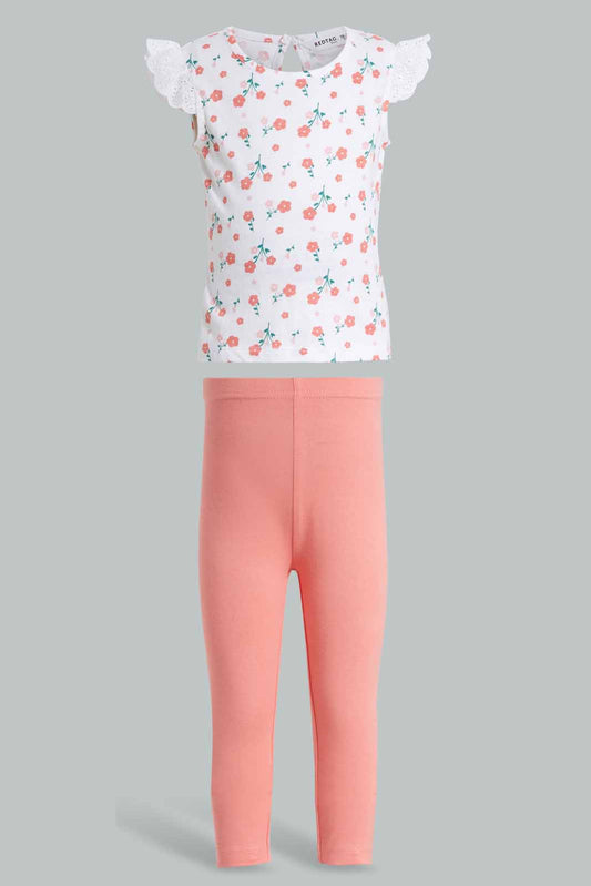 Redtag-Coral-Schiffli-Frill-Sleeves-T-Shirt-And-Floral-Shorts-Category:Sets,-Colour:Orange,-Deals:New-In,-Filter:Infant-Girls-(3-to-24-Mths),-ING-Sets,-New-In-ING-APL,-Non-Sale,-Section:Girls-(0-to-14Yrs),-VLM,-W22O-Infant-Girls-3 to 24 Months