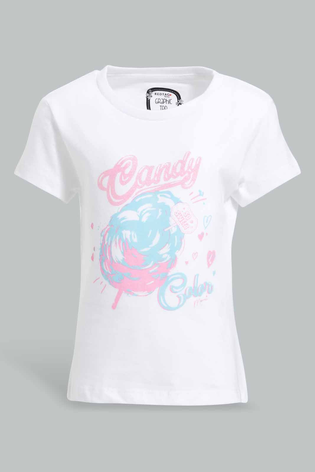 Redtag-White-Candy-Print-Graphic-Tee-Category:T-Shirts,-Colour:White,-Deals:New-In,-Filter:Infant-Girls-(3-to-24-Mths),-ING-T-Shirts,-New-In-ING-APL,-Non-Sale,-Section:Girls-(0-to-14Yrs),-TBL,-W22O-Infant-Girls-3 to 24 Months