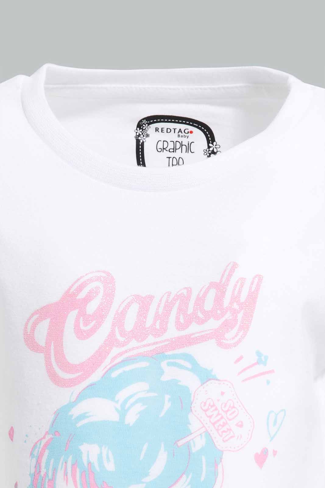 Redtag-White-Candy-Print-Graphic-Tee-Category:T-Shirts,-Colour:White,-Deals:New-In,-Filter:Infant-Girls-(3-to-24-Mths),-ING-T-Shirts,-New-In-ING-APL,-Non-Sale,-Section:Girls-(0-to-14Yrs),-TBL,-W22O-Infant-Girls-3 to 24 Months