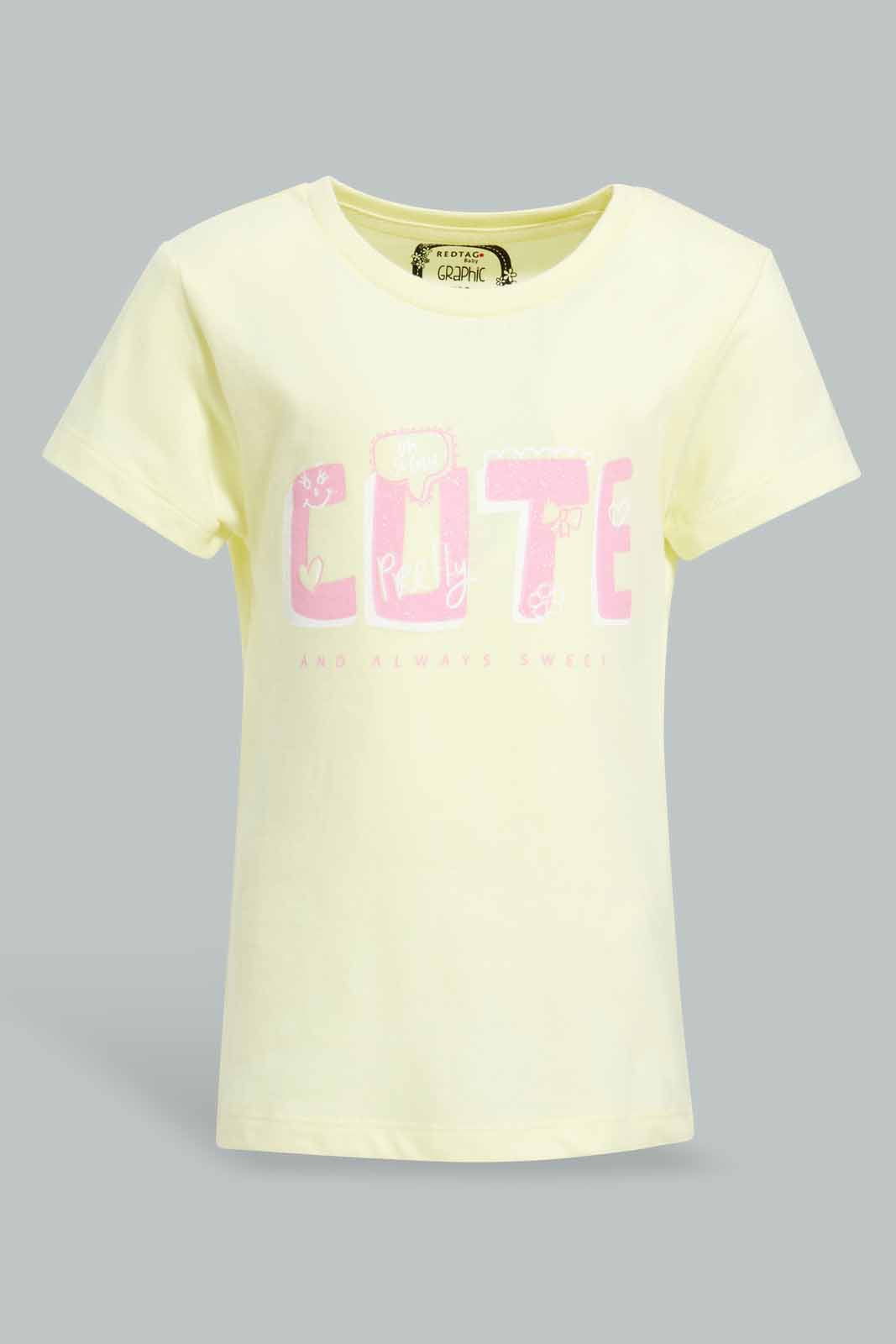 Redtag-Yellow-Cute-Print-Graphic-Tee-Category:T-Shirts,-Colour:Yellow,-Deals:New-In,-Filter:Infant-Girls-(3-to-24-Mths),-ING-T-Shirts,-New-In-ING-APL,-Non-Sale,-Section:Girls-(0-to-14Yrs),-TBL,-W22O-Infant-Girls-3 to 24 Months