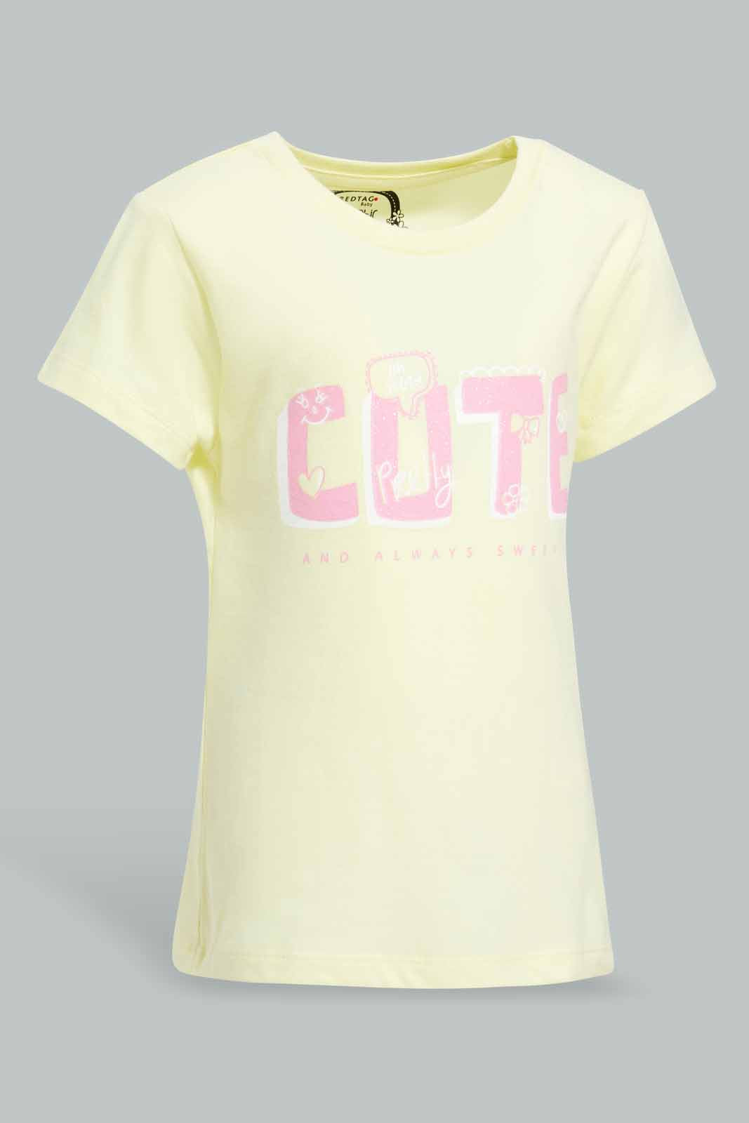Redtag-Yellow-Cute-Print-Graphic-Tee-Category:T-Shirts,-Colour:Yellow,-Deals:New-In,-Filter:Infant-Girls-(3-to-24-Mths),-ING-T-Shirts,-New-In-ING-APL,-Non-Sale,-Section:Girls-(0-to-14Yrs),-TBL,-W22O-Infant-Girls-3 to 24 Months