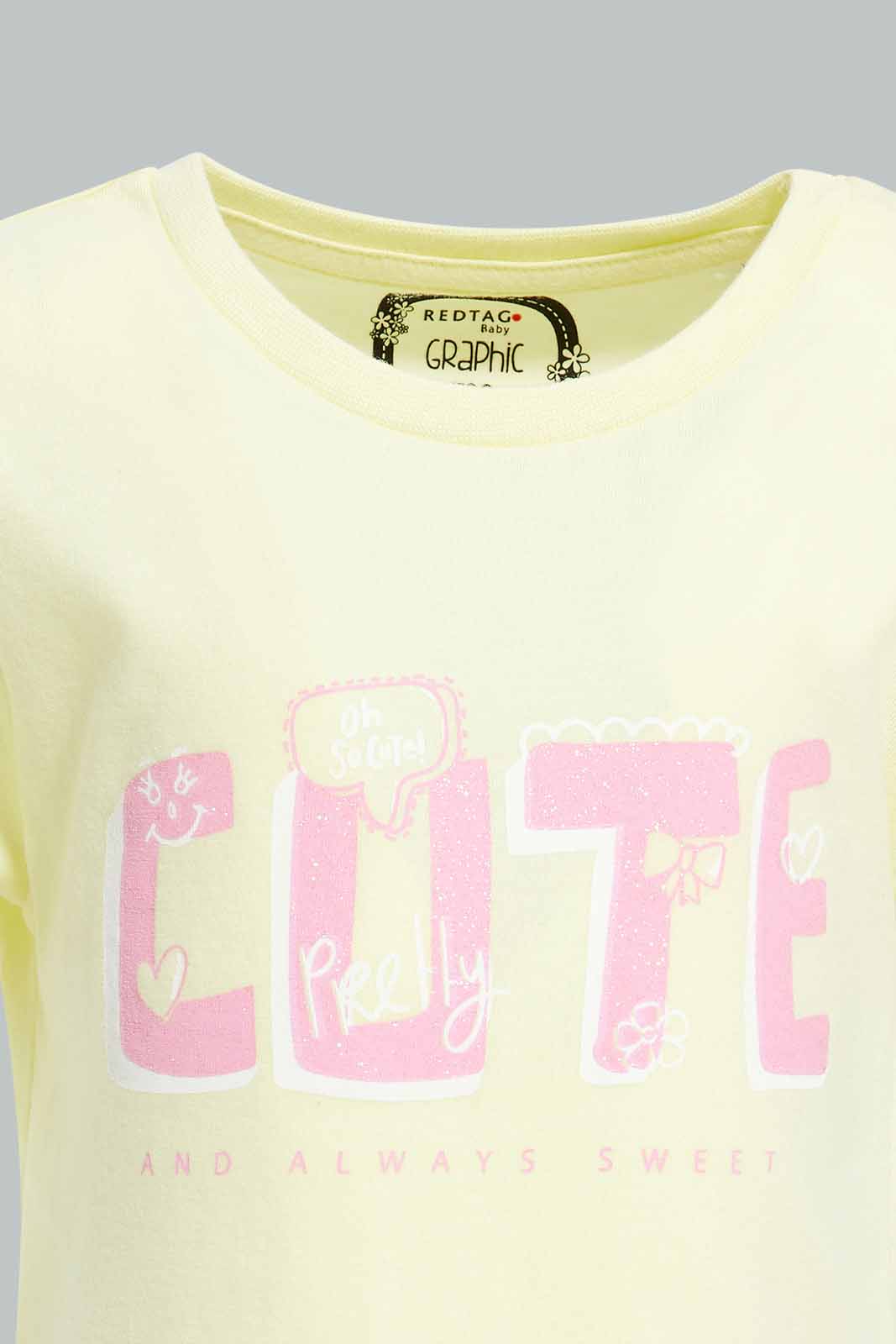 Redtag-Yellow-Cute-Print-Graphic-Tee-Category:T-Shirts,-Colour:Yellow,-Deals:New-In,-Filter:Infant-Girls-(3-to-24-Mths),-ING-T-Shirts,-New-In-ING-APL,-Non-Sale,-Section:Girls-(0-to-14Yrs),-TBL,-W22O-Infant-Girls-3 to 24 Months