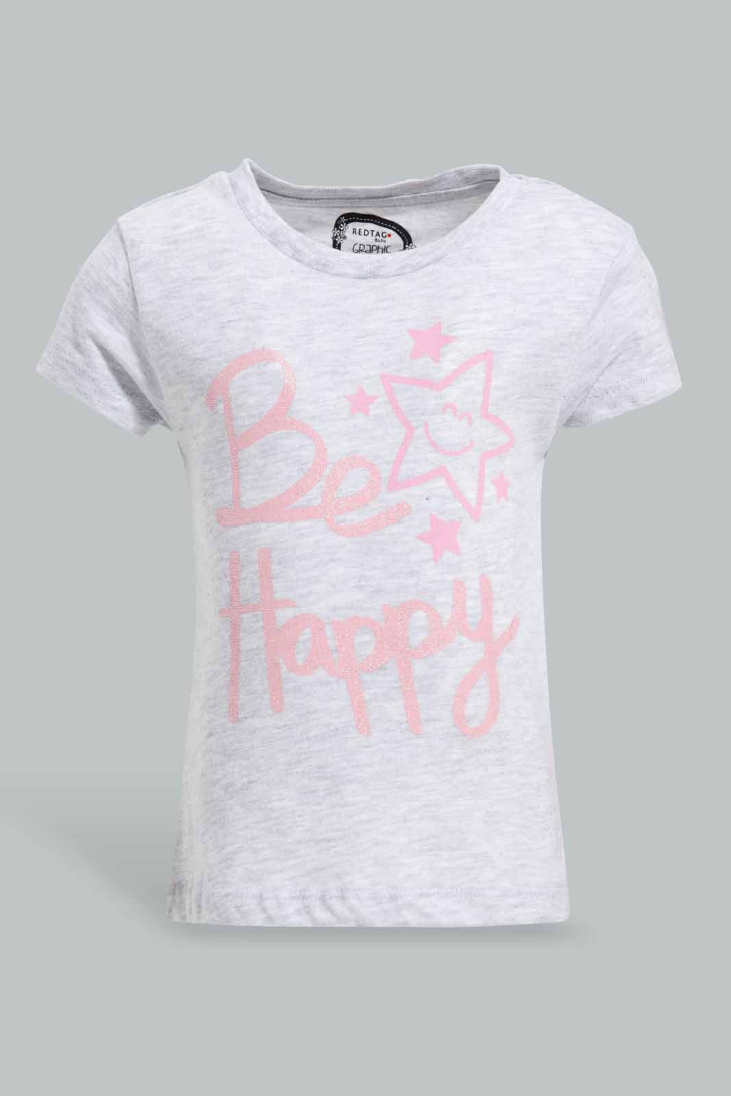 Redtag-Grey-Be-Happy-Graphic-Tee-Category:T-Shirts,-Colour:Grey,-Deals:New-In,-Filter:Infant-Girls-(3-to-24-Mths),-ING-T-Shirts,-New-In-ING-APL,-Non-Sale,-Section:Girls-(0-to-14Yrs),-TBL,-W22O-Infant-Girls-3 to 24 Months