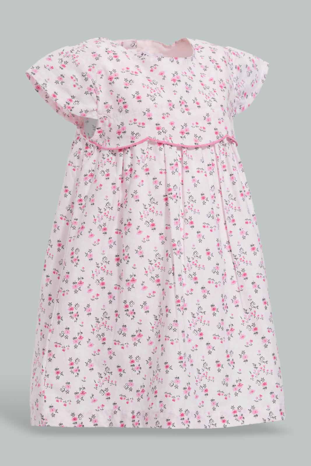 Redtag-Pink-AOP-Scallop-Sleeves-Dress-Category:Dresses,-Colour:Apricot,-Deals:New-In,-Filter:Infant-Girls-(3-to-24-Mths),-ING-Dresses,-New-In-ING-APL,-Non-Sale,-Section:Girls-(0-to-14Yrs),-W22O-Infant-Girls-3 to 24 Months