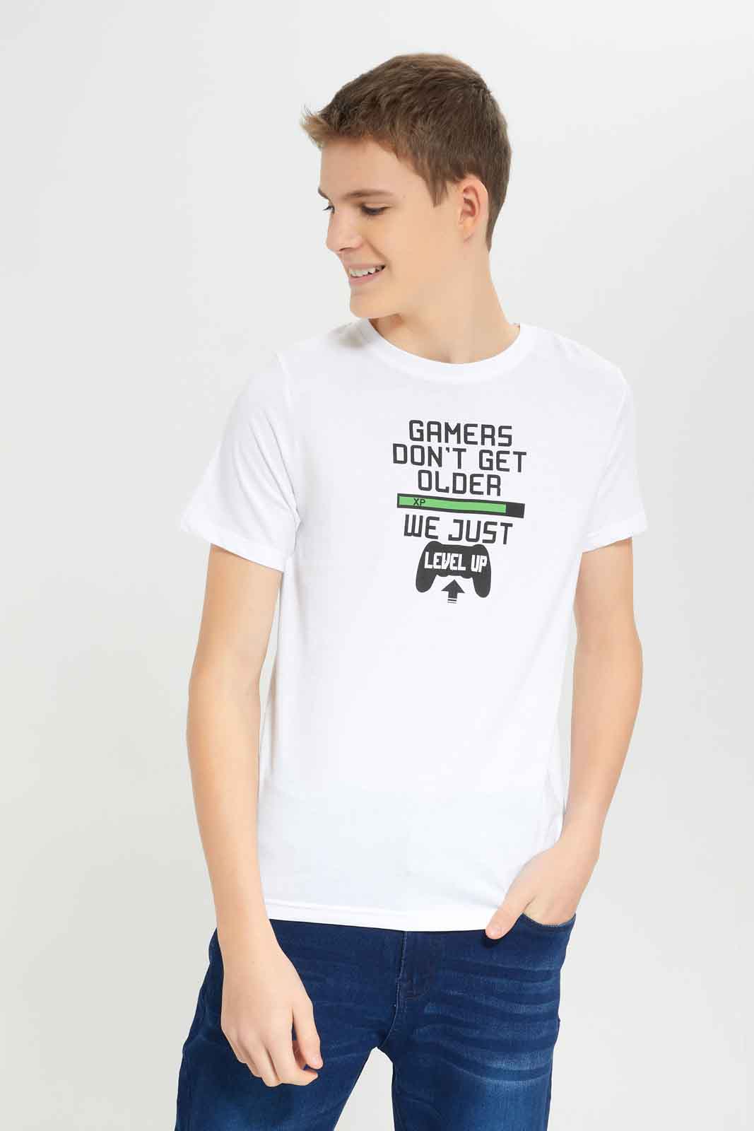 Redtag-White-Gamers-Donâ€™t-Get-Older-Graphic-TEE-BSR-T-Shirts,-Category:T-Shirts,-Colour:White,-Deals:New-In,-Dept:Boys,-Filter:Senior-Boys-(8-to-14-Yrs),-New-In-BSR-APL,-Non-Sale,-Section:Boys-(0-to-14Yrs),-TBL,-W22O-Senior-Boys-9 to 14 Years