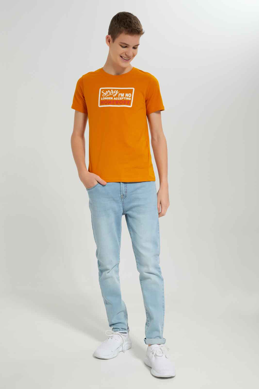 Redtag-Mustard-Sorry-Homework-Graphic-TEE-BSR-T-Shirts,-Category:T-Shirts,-Colour:Mustard,-Deals:New-In,-Dept:Boys,-Filter:Senior-Boys-(8-to-14-Yrs),-New-In-BSR-APL,-Non-Sale,-Section:Boys-(0-to-14Yrs),-TBL,-W22O-Senior-Boys-9 to 14 Years