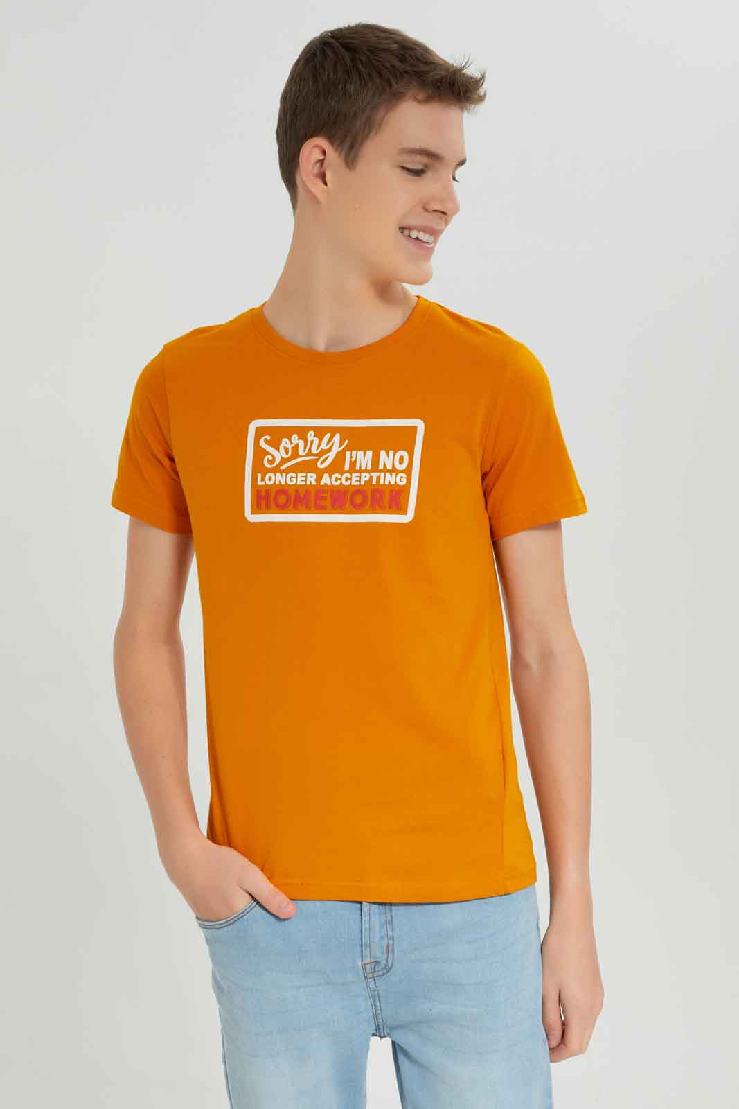 Redtag-Mustard-Sorry-Homework-Graphic-TEE-BSR-T-Shirts,-Category:T-Shirts,-Colour:Mustard,-Deals:New-In,-Dept:Boys,-Filter:Senior-Boys-(8-to-14-Yrs),-New-In-BSR-APL,-Non-Sale,-Section:Boys-(0-to-14Yrs),-TBL,-W22O-Senior-Boys-9 to 14 Years