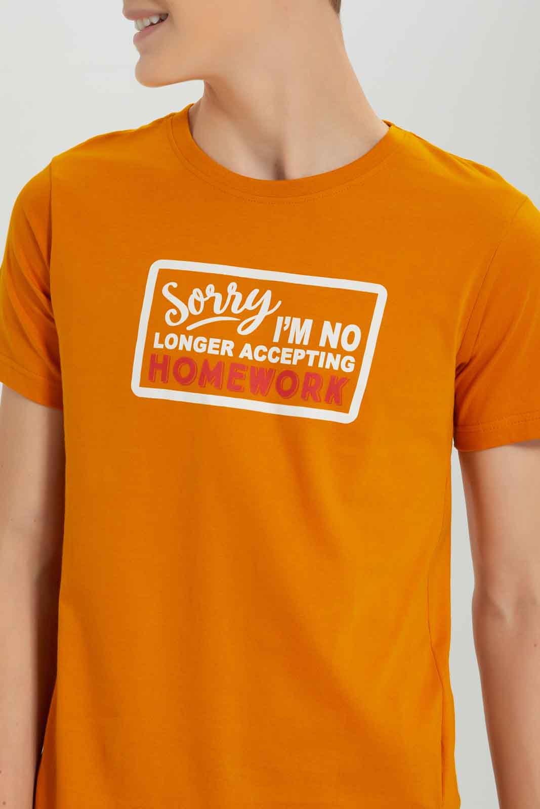 Redtag-Mustard-Sorry-Homework-Graphic-TEE-BSR-T-Shirts,-Category:T-Shirts,-Colour:Mustard,-Deals:New-In,-Dept:Boys,-Filter:Senior-Boys-(8-to-14-Yrs),-New-In-BSR-APL,-Non-Sale,-Section:Boys-(0-to-14Yrs),-TBL,-W22O-Senior-Boys-9 to 14 Years