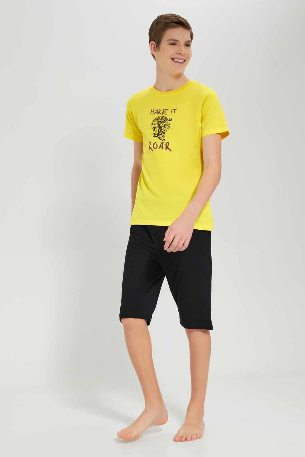 Redtag-Yellow-Make-It-Roar-Nightsuit-BSR-Pyjama-Sets,-Category:Pyjama-Sets,-Colour:Yellow,-Deals:New-In,-Filter:Senior-Boys-(8-to-14-Yrs),-New-In-BSR-APL,-Non-Sale,-Section:Boys-(0-to-14Yrs),-W22O-Senior-Boys-9 to 14 Years