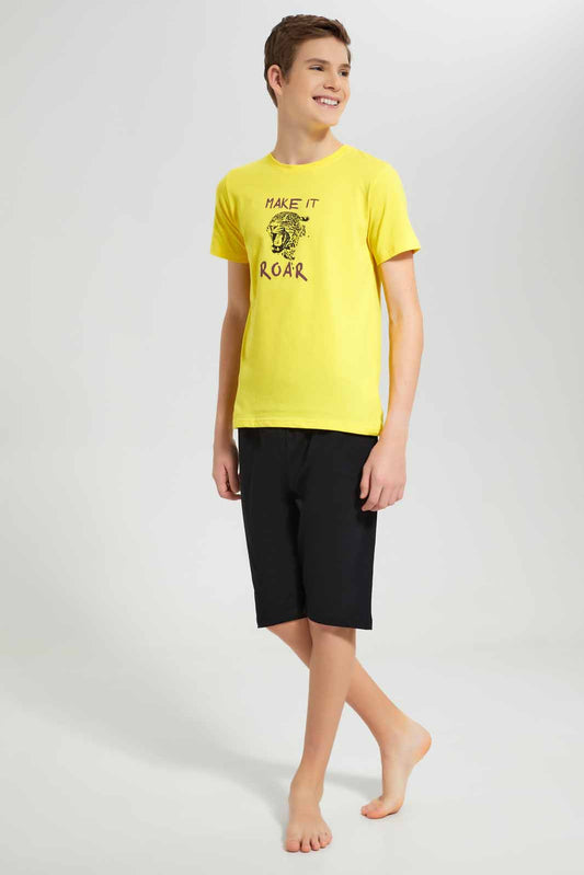 Redtag-Yellow-Make-It-Roar-Nightsuit-BSR-Pyjama-Sets,-Category:Pyjama-Sets,-Colour:Yellow,-Deals:New-In,-Filter:Senior-Boys-(8-to-14-Yrs),-New-In-BSR-APL,-Non-Sale,-Section:Boys-(0-to-14Yrs),-W22O-Senior-Boys-9 to 14 Years