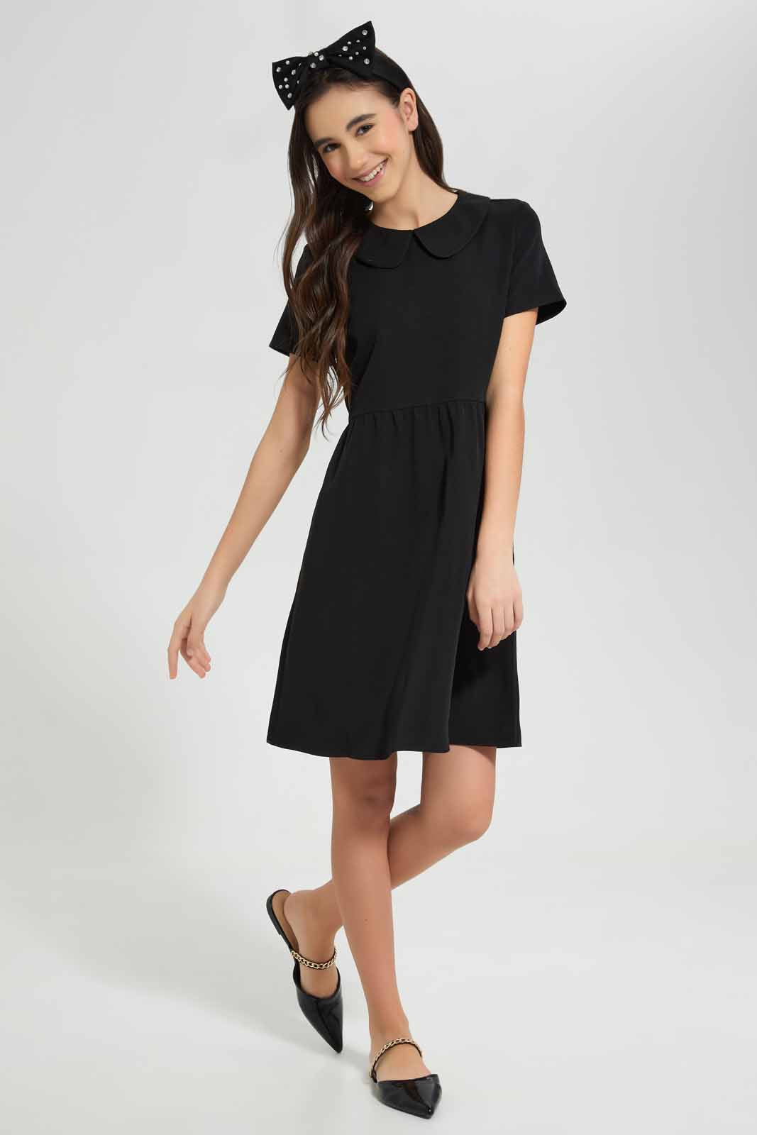 Redtag-Black-Peter-pan-Collar-Dress-Category:Dresses,-Colour:Black,-Deals:New-In,-Filter:Senior-Girls-(9-to-14-Yrs),-GSR-Dresses,-New-In-GSR-APL,-Non-Sale,-Section:Girls-(0-to-14Yrs),-VLM,-W22O-Senior-Girls-9 to 14 Years