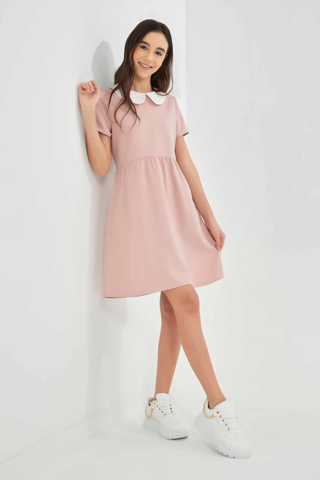 Redtag-Pink-/-white-Peter-Pan-Collar-Dress-Category:Dresses,-Colour:Apricot,-Deals:New-In,-Filter:Senior-Girls-(9-to-14-Yrs),-GSR-Dresses,-New-In-GSR-APL,-Non-Sale,-Section:Girls-(0-to-14Yrs),-VLM,-W22O-Senior-Girls-9 to 14 Years