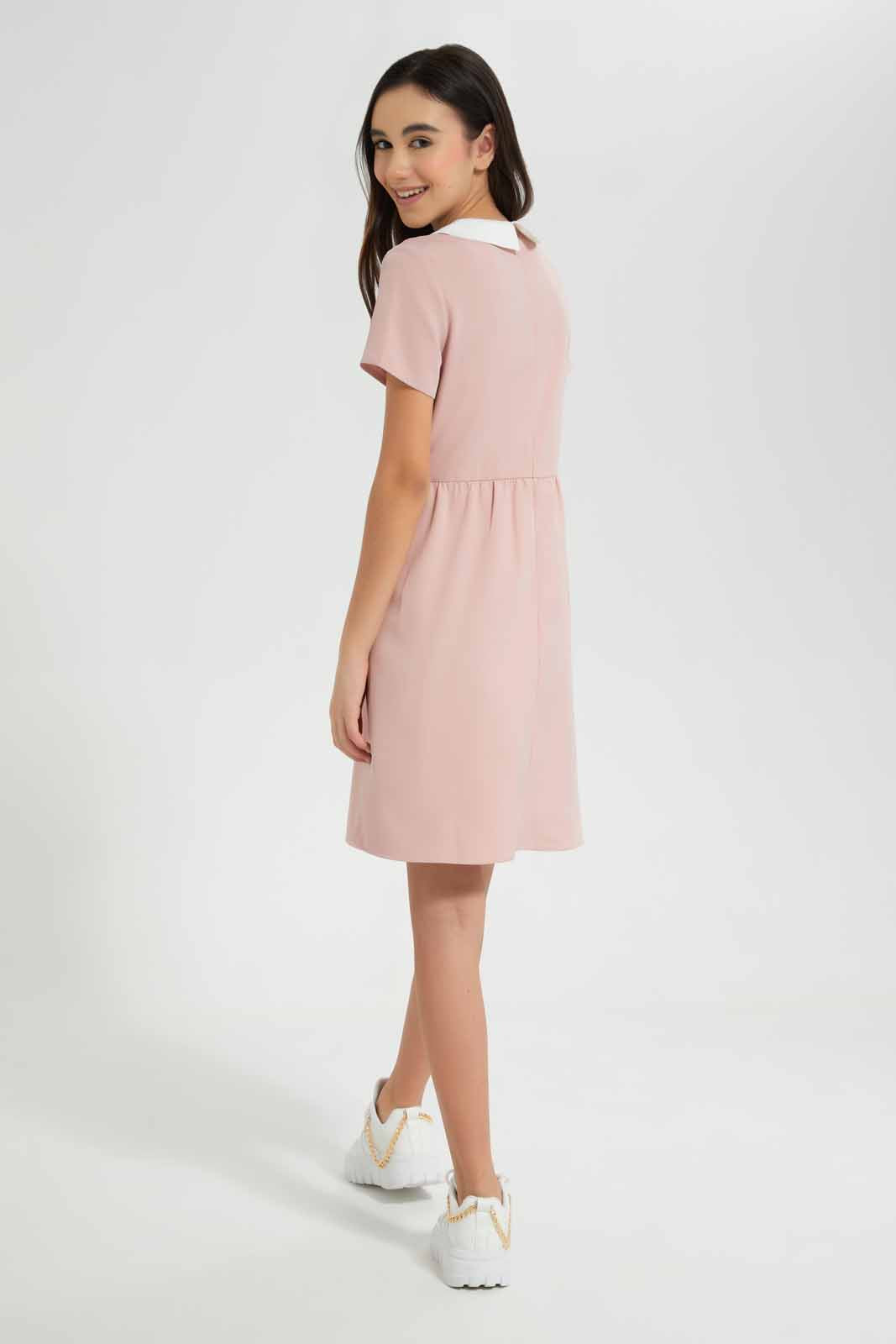 Redtag-Pink-/-white-Peter-Pan-Collar-Dress-Category:Dresses,-Colour:Apricot,-Deals:New-In,-Filter:Senior-Girls-(9-to-14-Yrs),-GSR-Dresses,-New-In-GSR-APL,-Non-Sale,-Section:Girls-(0-to-14Yrs),-VLM,-W22O-Senior-Girls-9 to 14 Years
