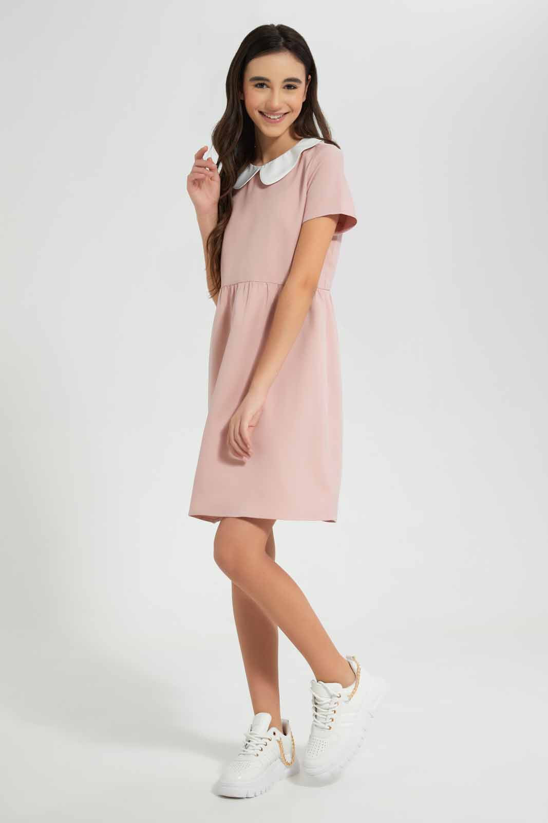 Redtag-Pink-/-white-Peter-Pan-Collar-Dress-Category:Dresses,-Colour:Apricot,-Deals:New-In,-Filter:Senior-Girls-(9-to-14-Yrs),-GSR-Dresses,-New-In-GSR-APL,-Non-Sale,-Section:Girls-(0-to-14Yrs),-VLM,-W22O-Senior-Girls-9 to 14 Years