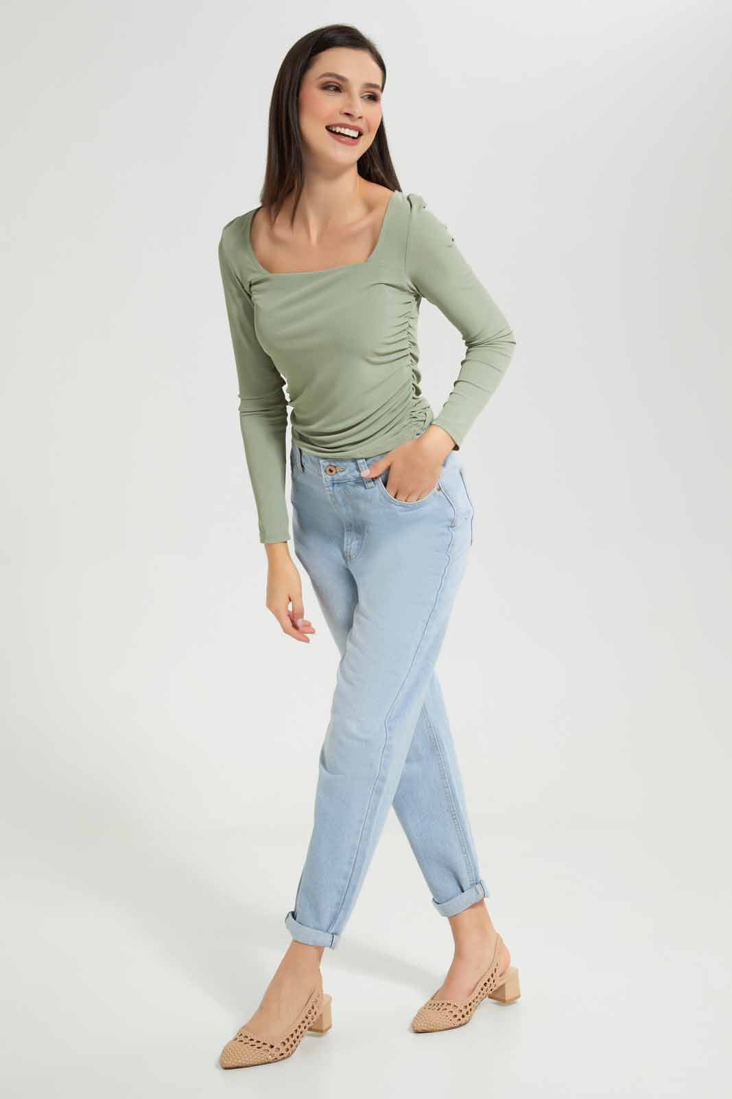 Redtag-Mint-Side-Ruching-Long-Sleeve-Top-Category:Tops,-Colour:Mint,-Deals:New-In,-Filter:Women's-Clothing,-New-In-Women-APL,-Non-Sale,-Section:Women,-W22O,-Women-Tops-Women's-