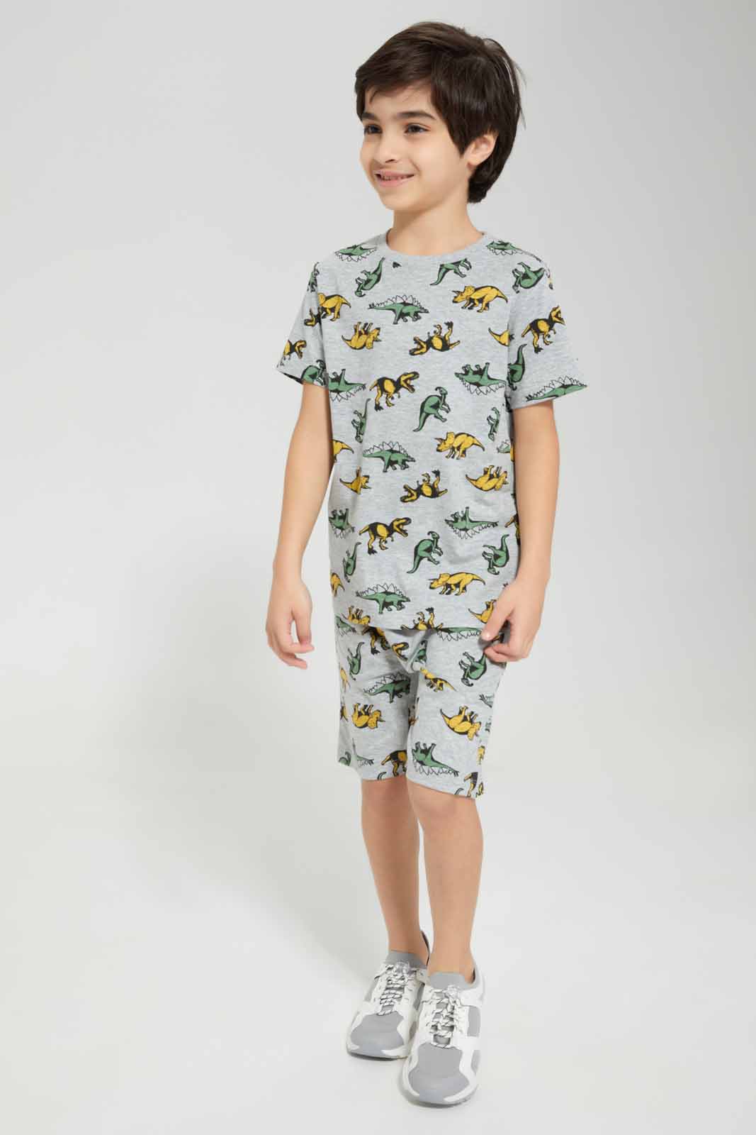 Redtag-Grey-Dino-All-Over-Print-T-Shirt-And-Short-PJ-BOY-Pyjama-Sets,-Category:Pyjama-Sets,-Colour:Grey,-Deals:New-In,-Filter:Boys-(2-to-8-Yrs),-New-In-BOY-APL,-Non-Sale,-Section:Boys-(0-to-14Yrs),-W22O-Boys-2 to 8 Years