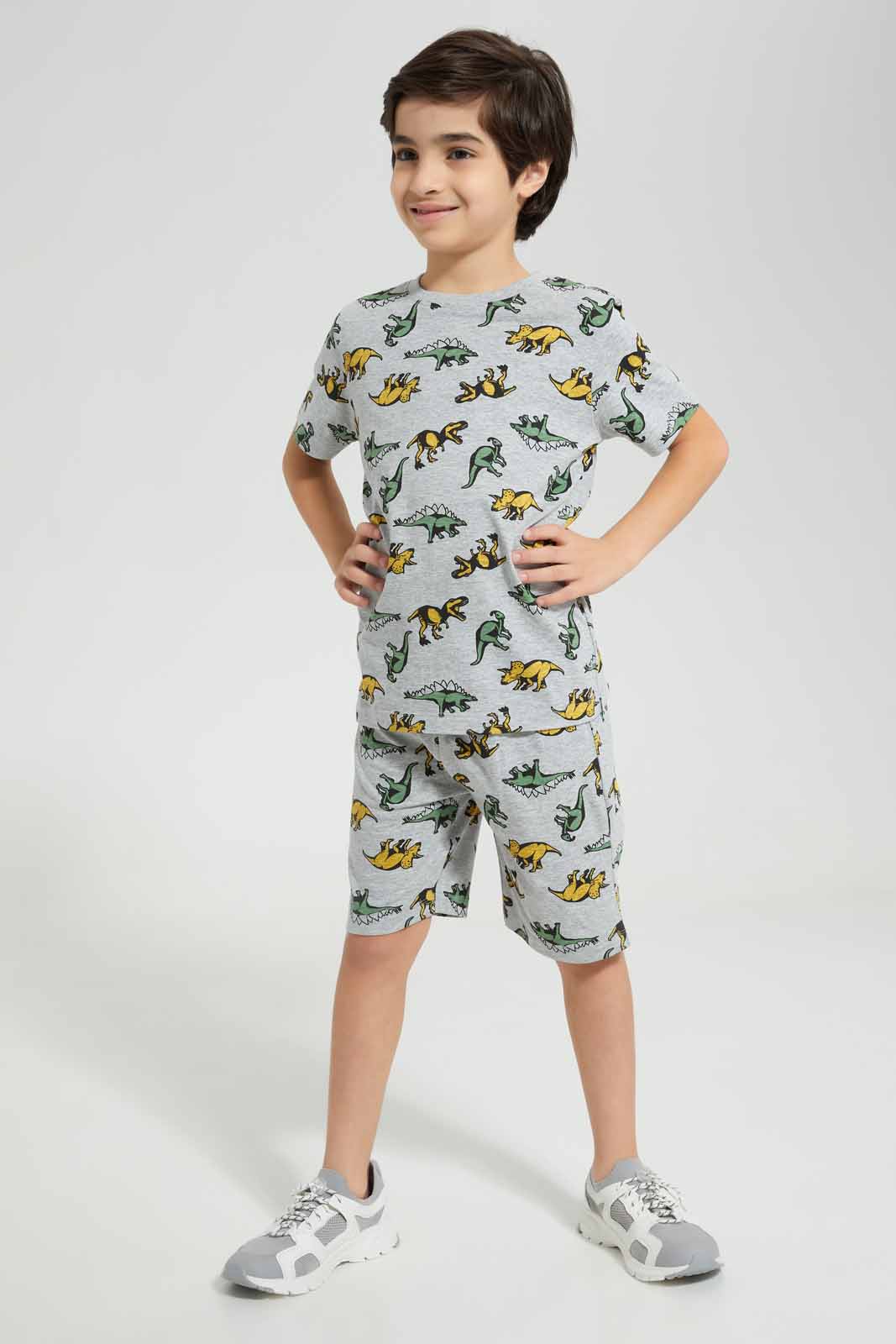 Redtag-Grey-Dino-All-Over-Print-T-Shirt-And-Short-PJ-BOY-Pyjama-Sets,-Category:Pyjama-Sets,-Colour:Grey,-Deals:New-In,-Filter:Boys-(2-to-8-Yrs),-New-In-BOY-APL,-Non-Sale,-Section:Boys-(0-to-14Yrs),-W22O-Boys-2 to 8 Years