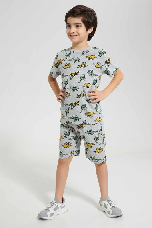 Redtag-Grey-Dino-All-Over-Print-T-Shirt-And-Short-PJ-BOY-Pyjama-Sets,-Category:Pyjama-Sets,-Colour:Grey,-Deals:New-In,-Filter:Boys-(2-to-8-Yrs),-New-In-BOY-APL,-Non-Sale,-Section:Boys-(0-to-14Yrs),-W22O-Boys-2 to 8 Years